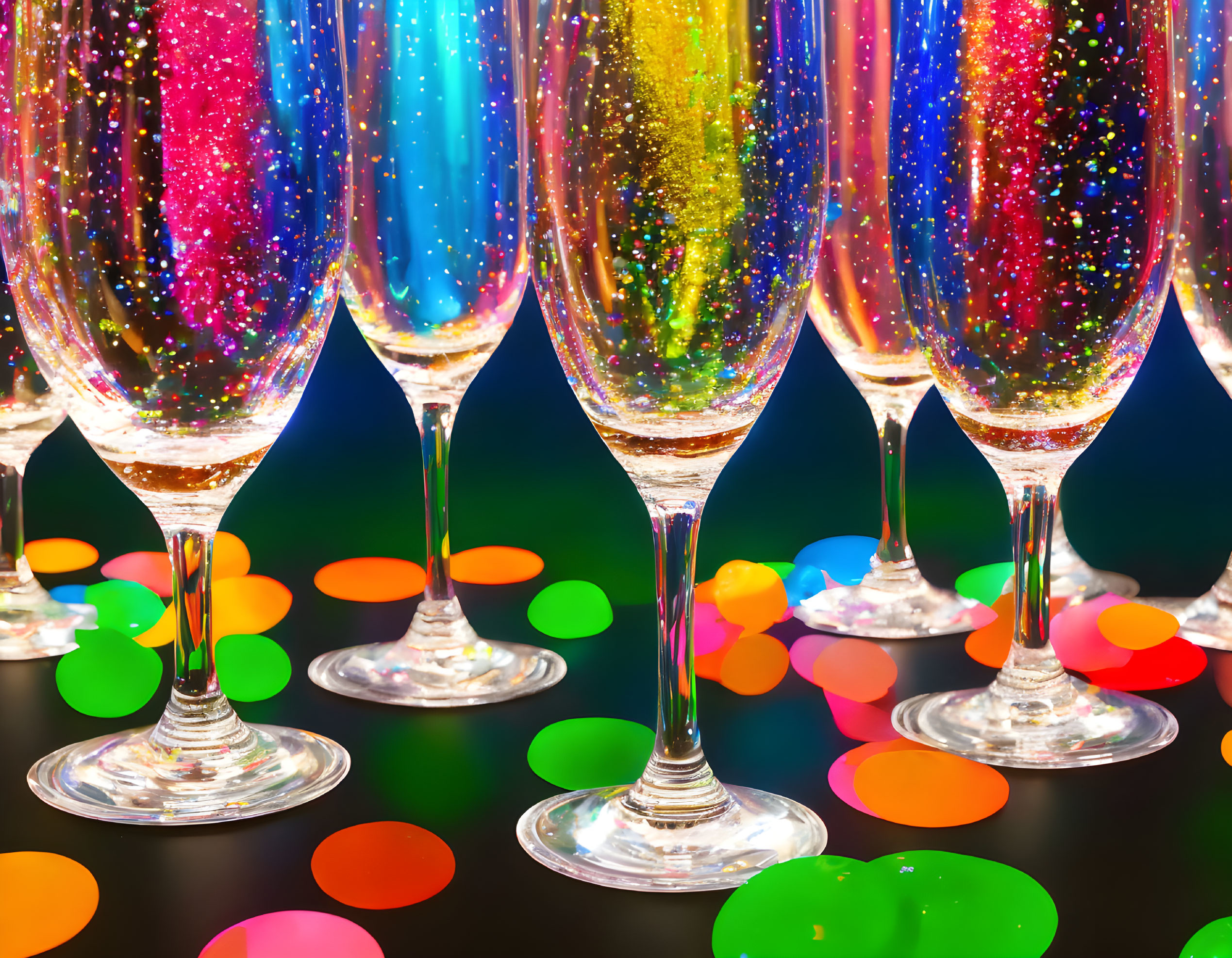 Vibrant glitter in champagne flutes with confetti on reflective surface