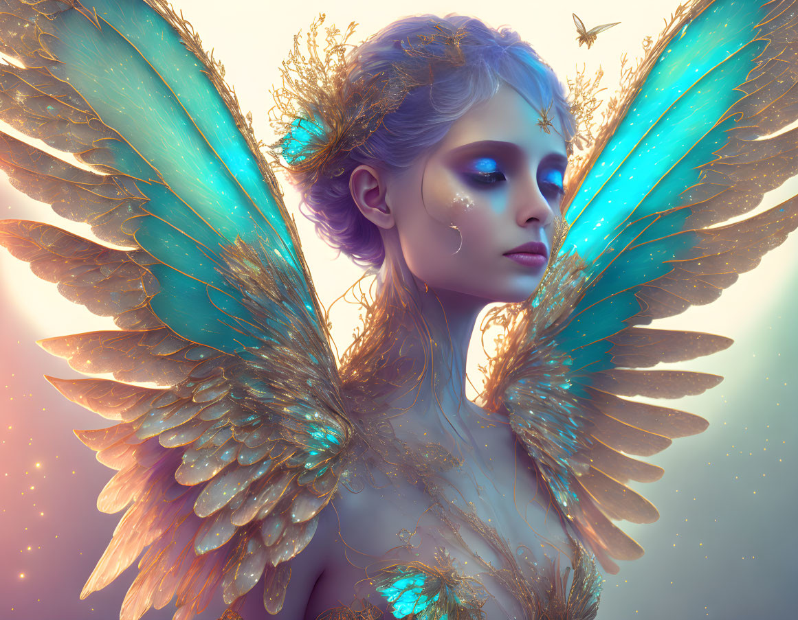 Person with ethereal blue and gold wings and nature-inspired golden accessories on glowing backdrop