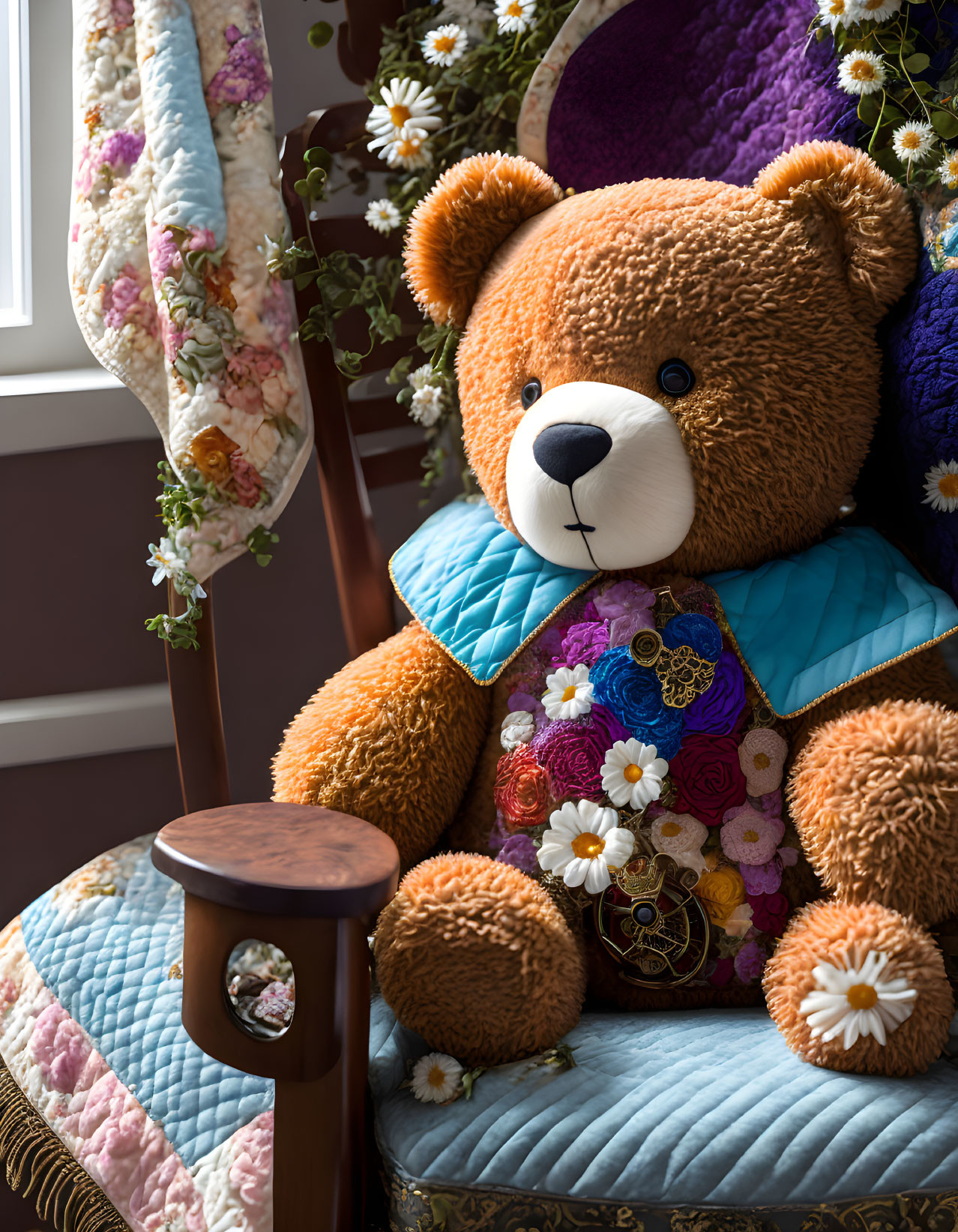 Large Plush Teddy Bear on Blue Chair Beside Patchwork Chest, Quilt-Draped Wooden