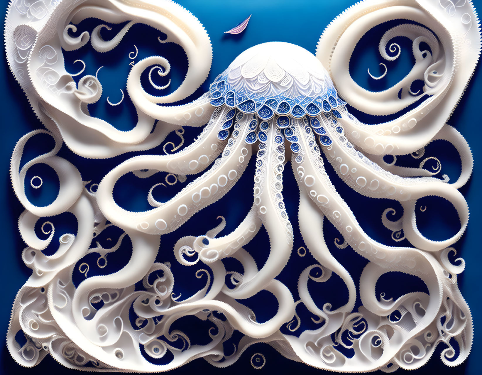 White Octopus Illustration with Intricate Patterns on Blue Ocean Background