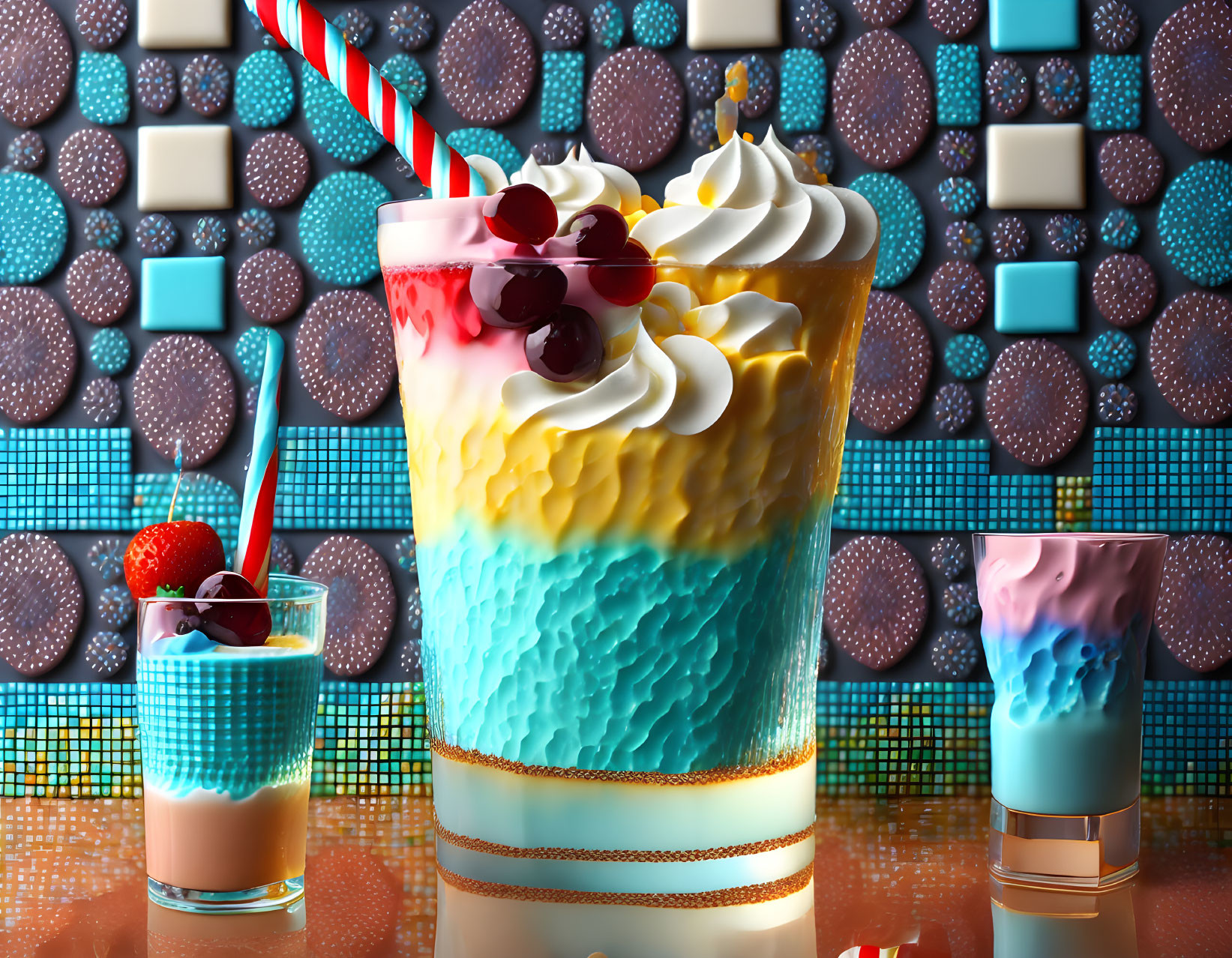 Colorful digital artwork featuring whimsical layered drinks with toppings, patterns, and textures.