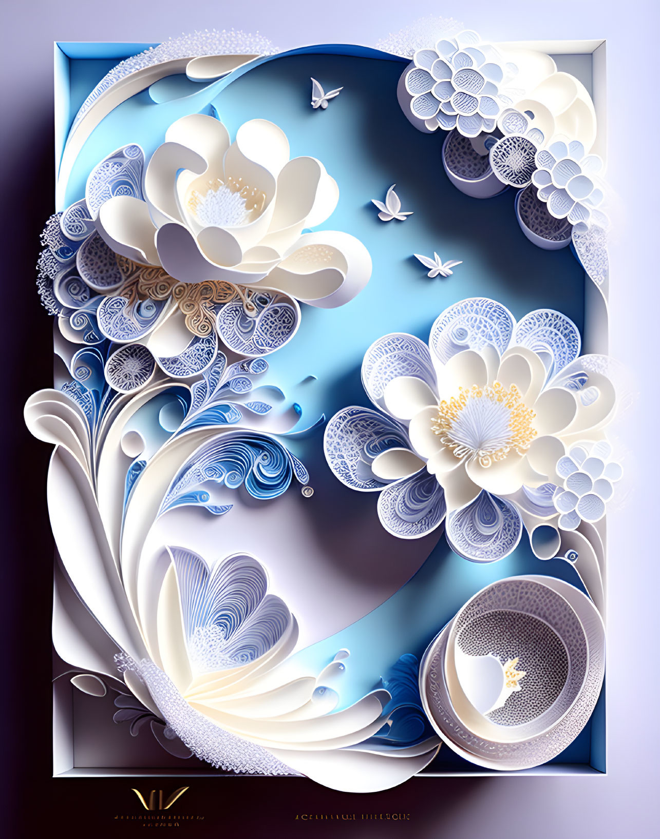 Intricate white flowers and gold swirls on blue gradient background