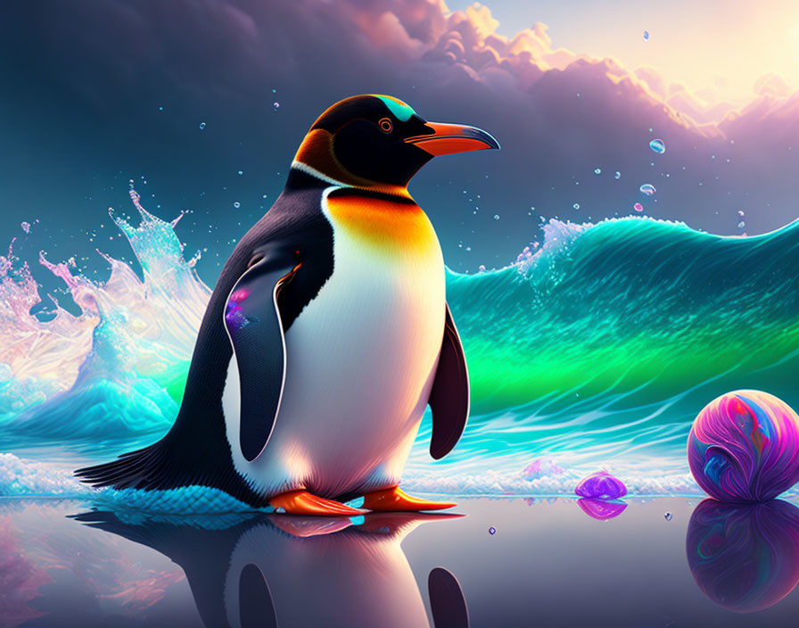 Colorful Penguin Artwork with Reflective Water and Gem-like Background