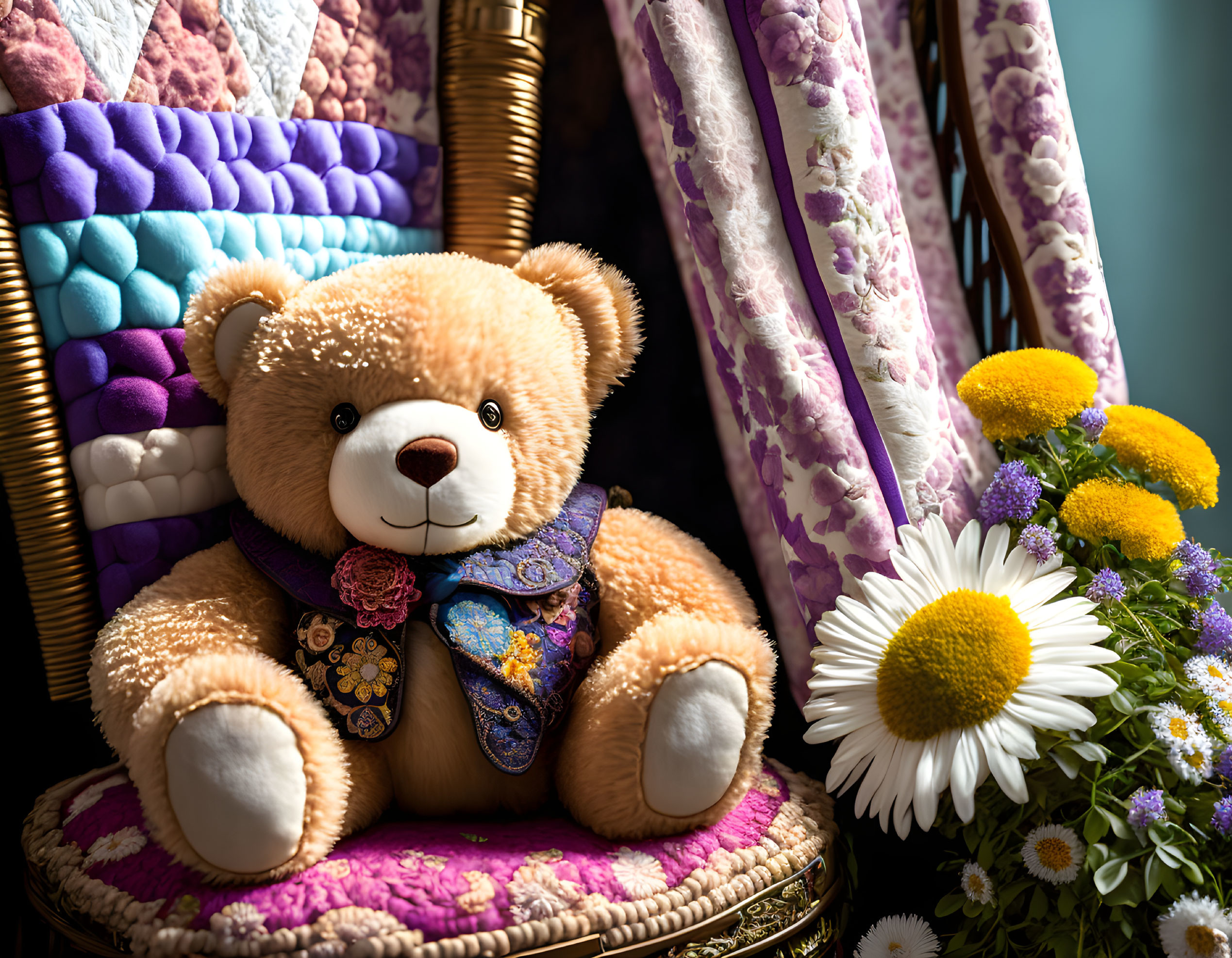 Floral vest plush teddy bear on woven chair with vibrant flowers