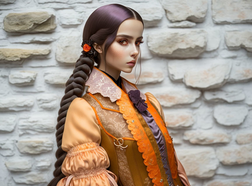 CG image of woman in braided hairstyle & vintage orange dress against white brick wall