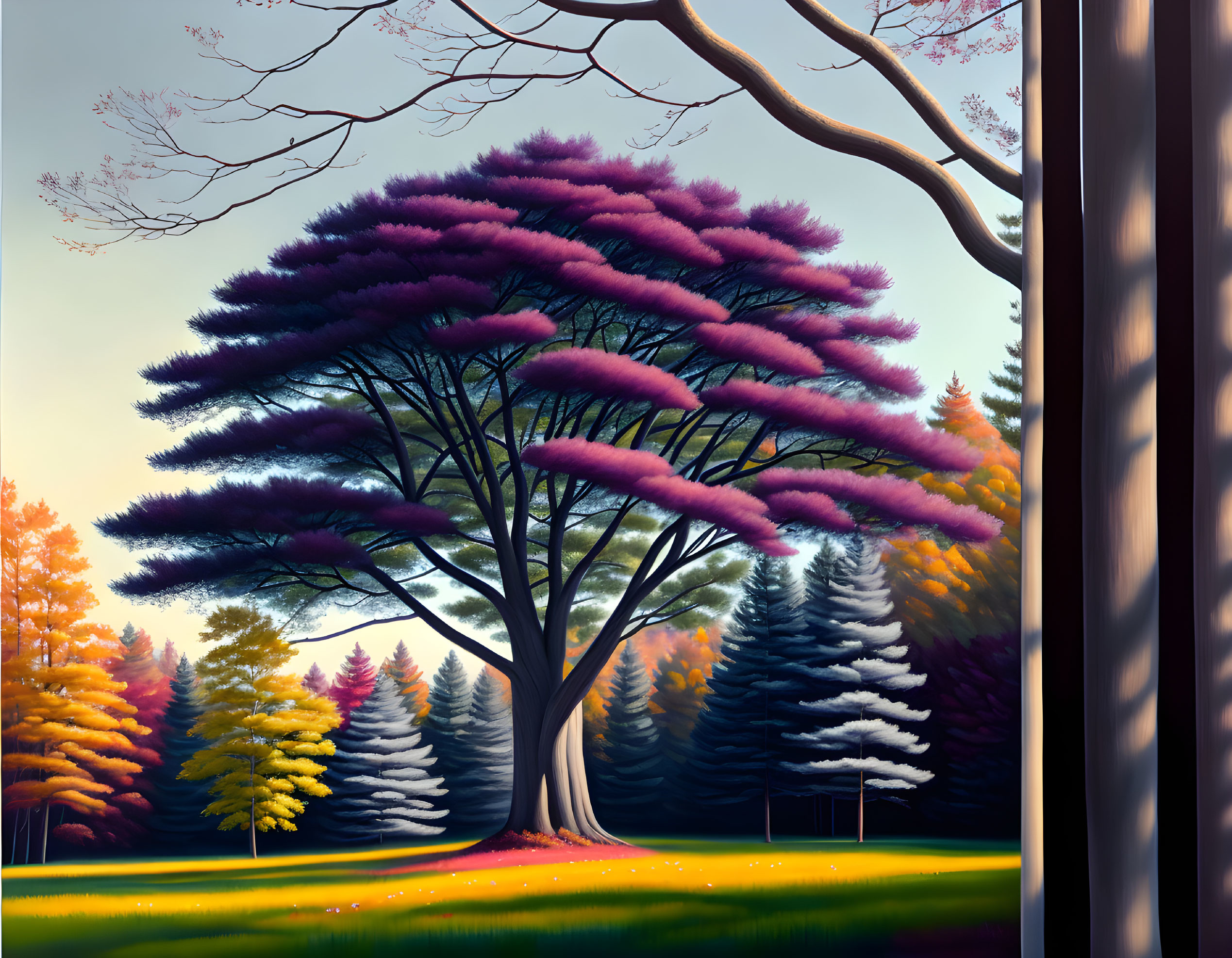 Colorful forest scene with large purple tree and fallen leaves