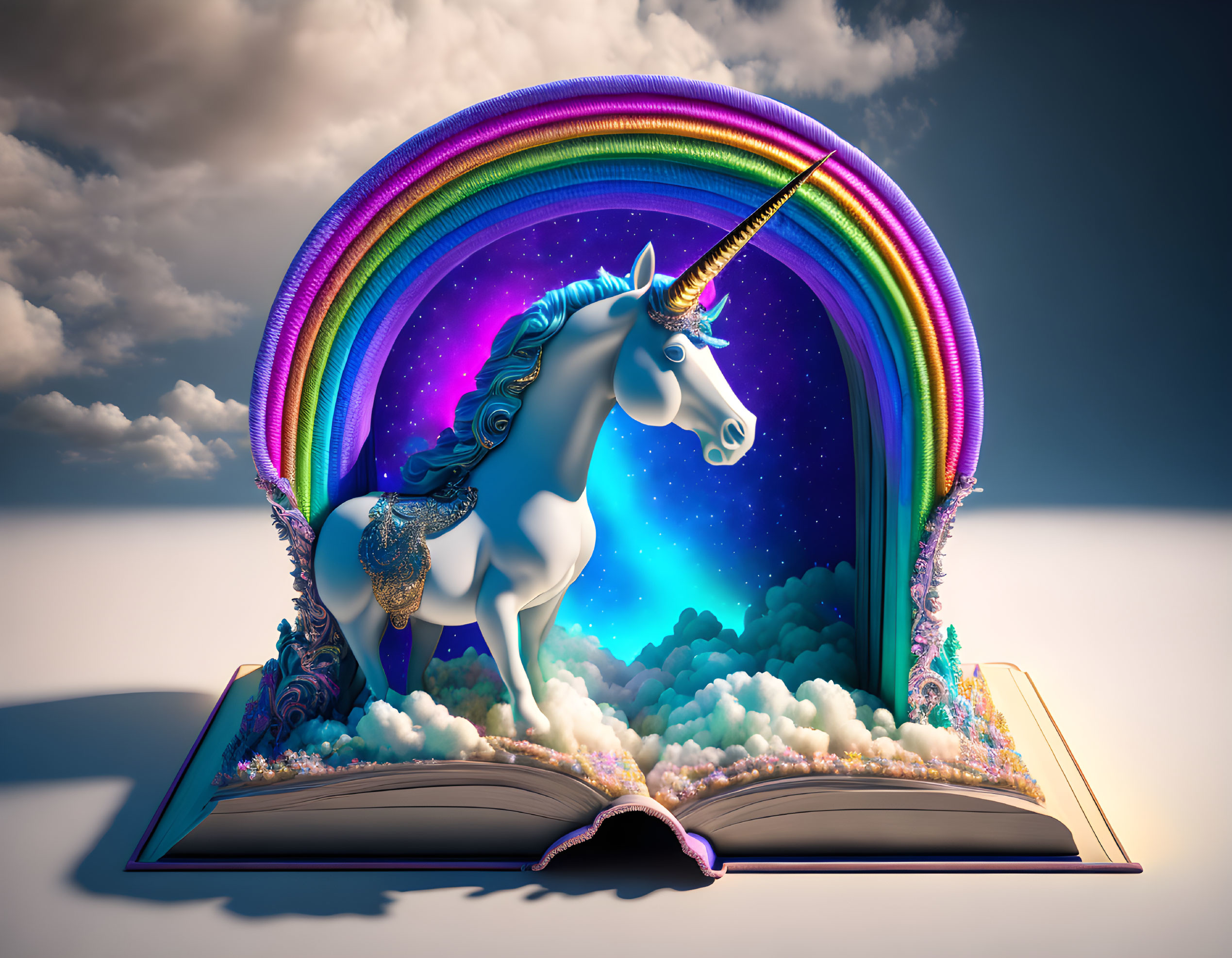 Open book with 3D unicorn illustration under rainbow and stars