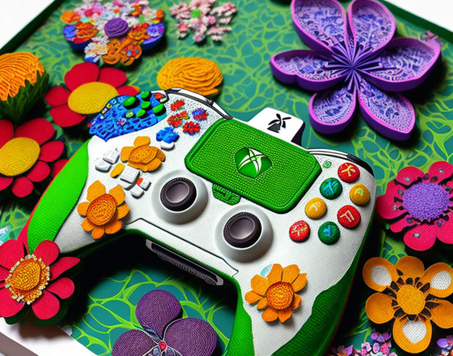 Custom-painted Floral Design Xbox Controller with 3D Paper Flowers