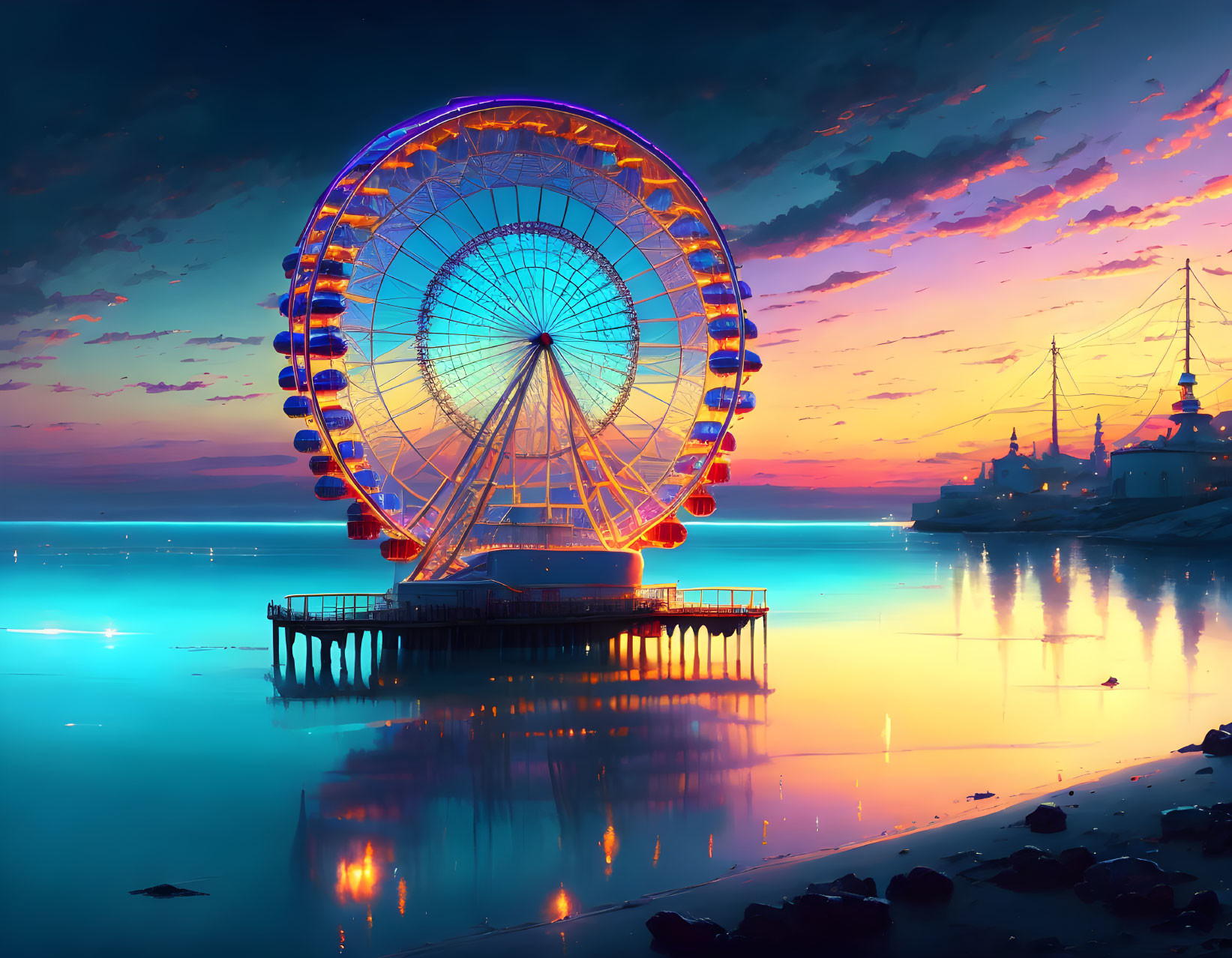 Vibrant orange and blue sunset over calm sea with lit-up Ferris wheel and ship silhou