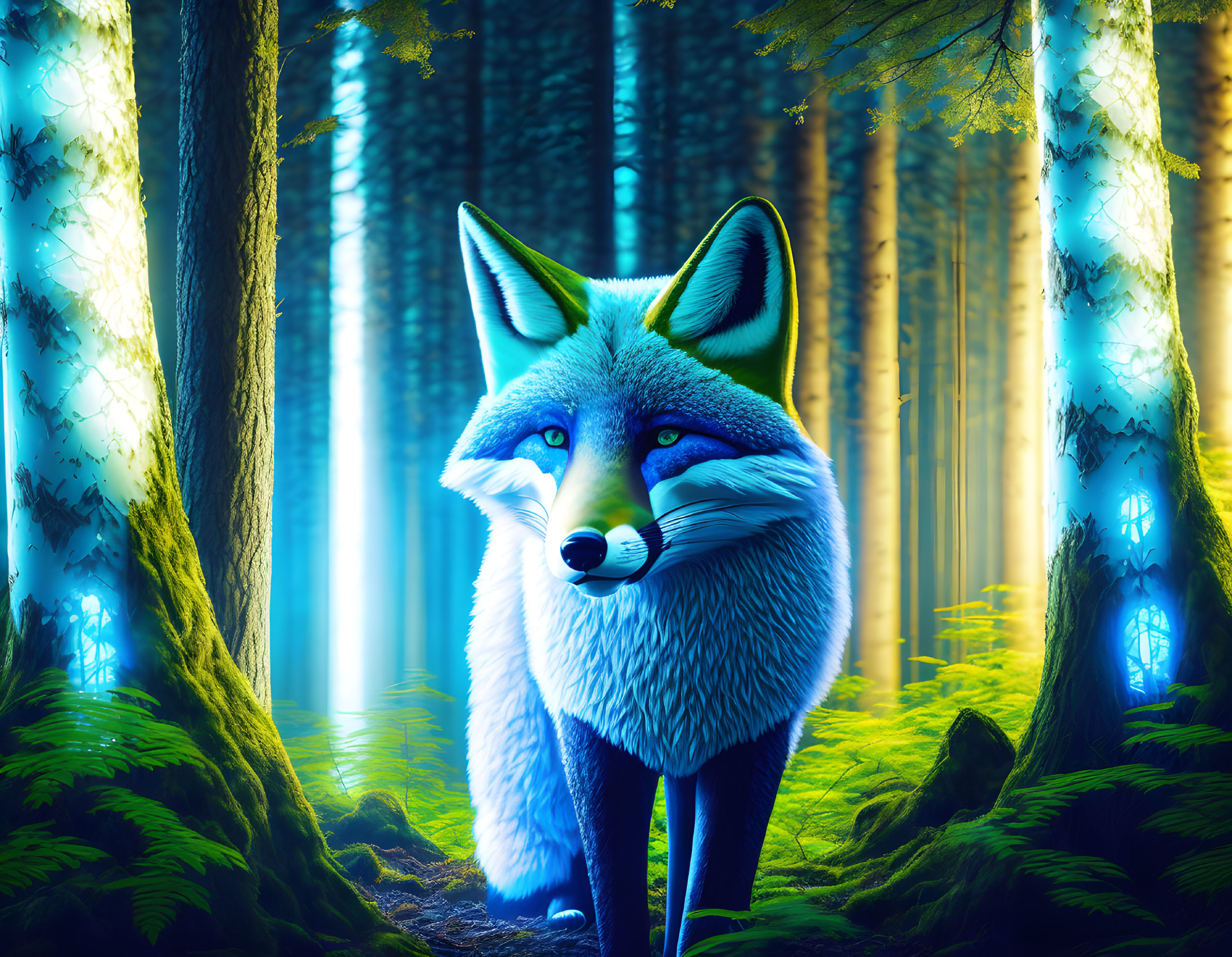 Vibrant blue fox in enchanted forest with glowing trees