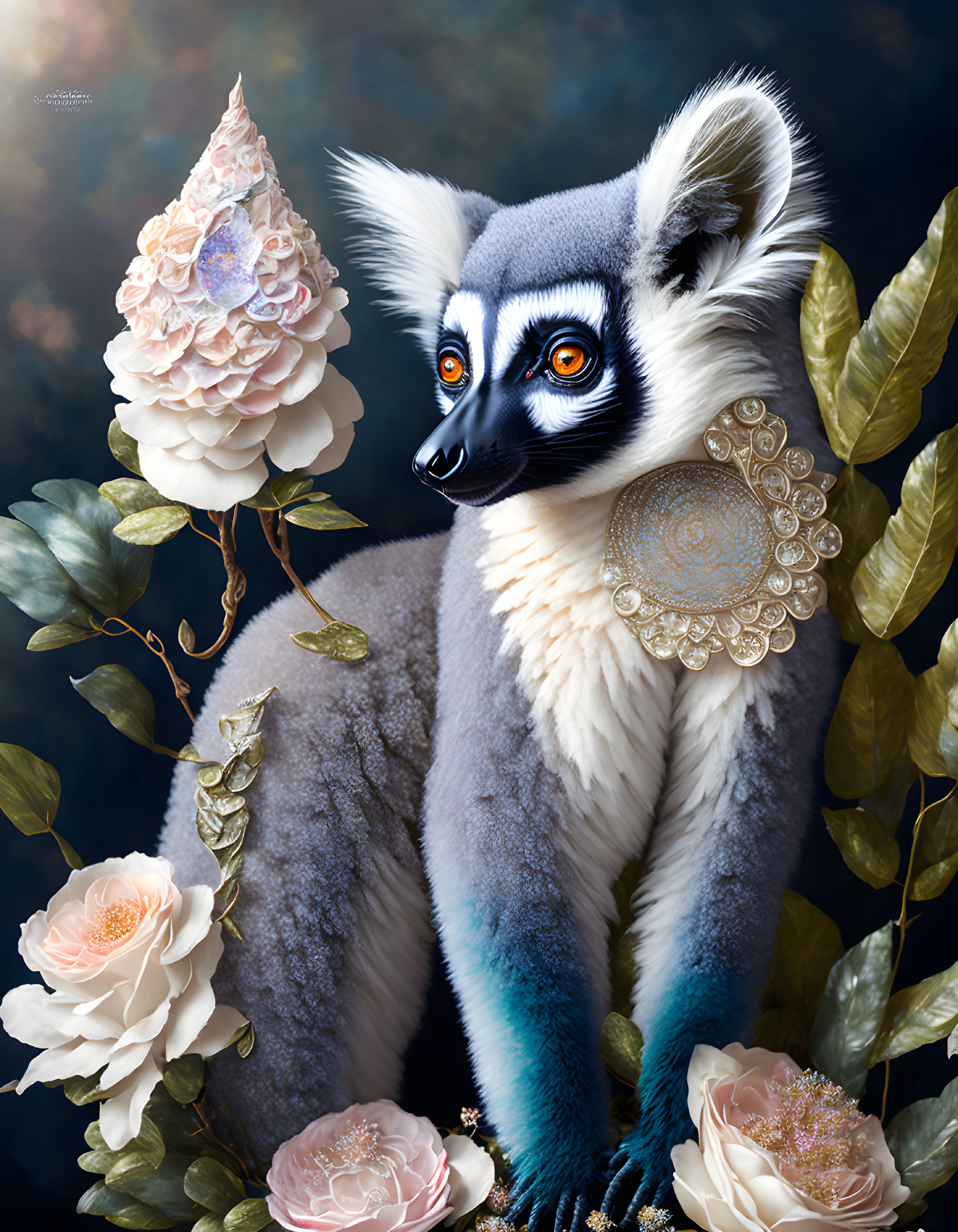 Surreal portrait of ring-tailed lemur with blue eyes and golden jewelry