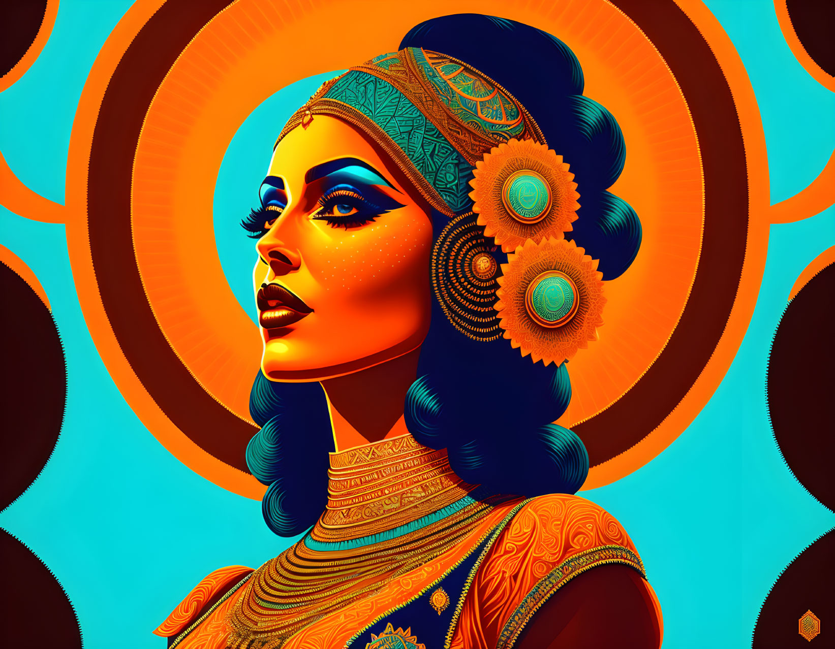 Colorful digital art featuring woman in Egyptian headpiece on orange backdrop