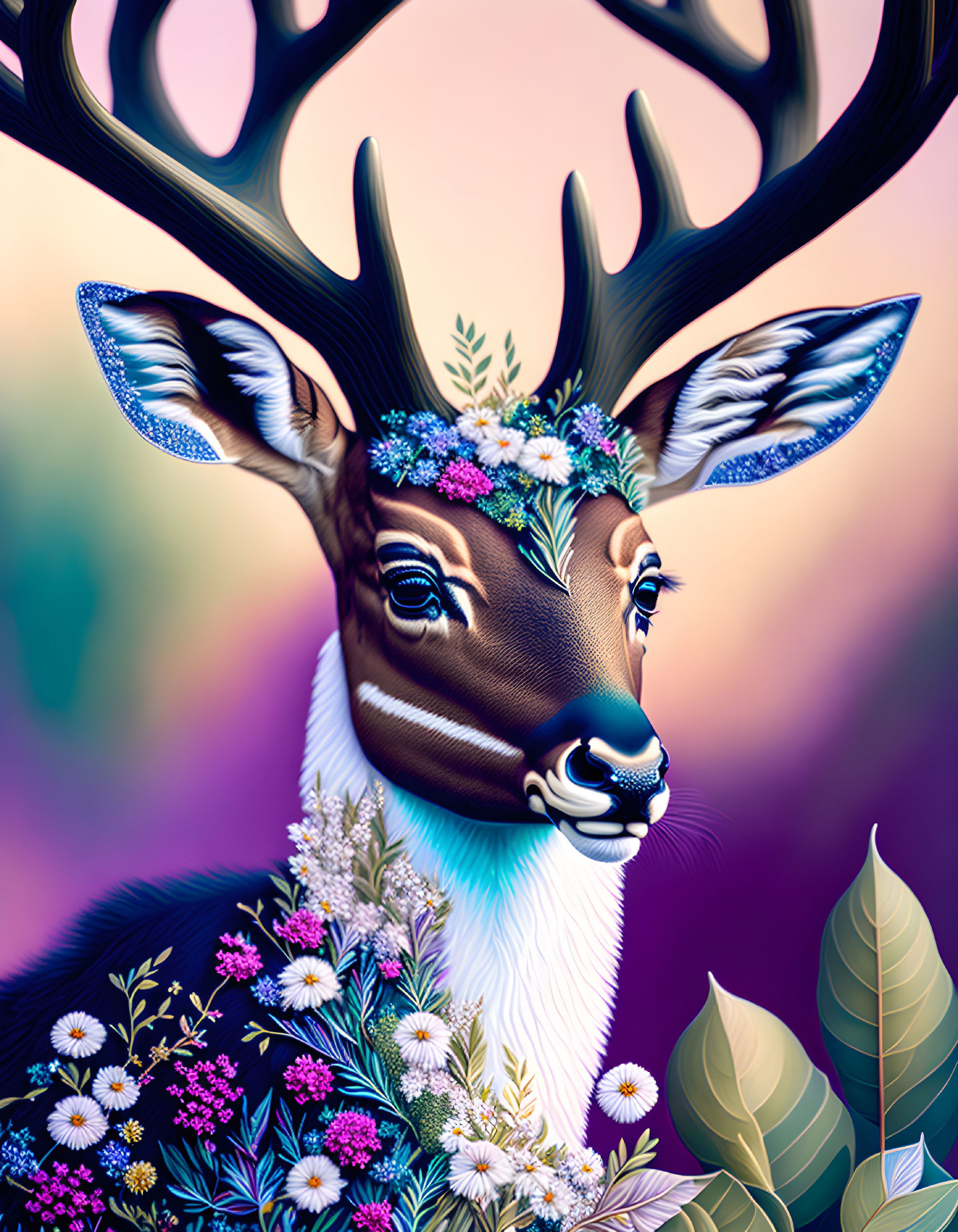 Colorful Deer Illustration with Flowered Antlers on Pastel Background