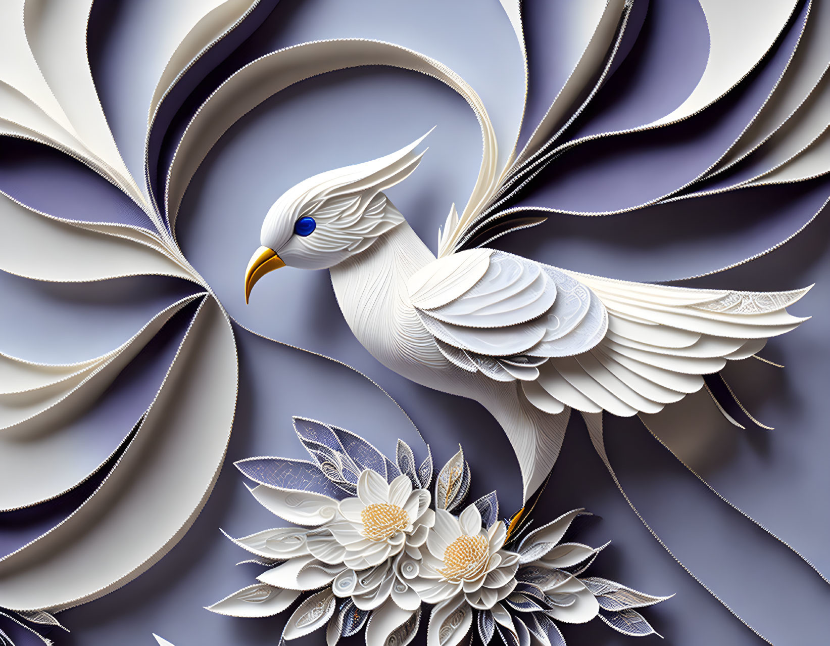 Paper art of white dove flying over white and purple flowers with swirling purple and grey background