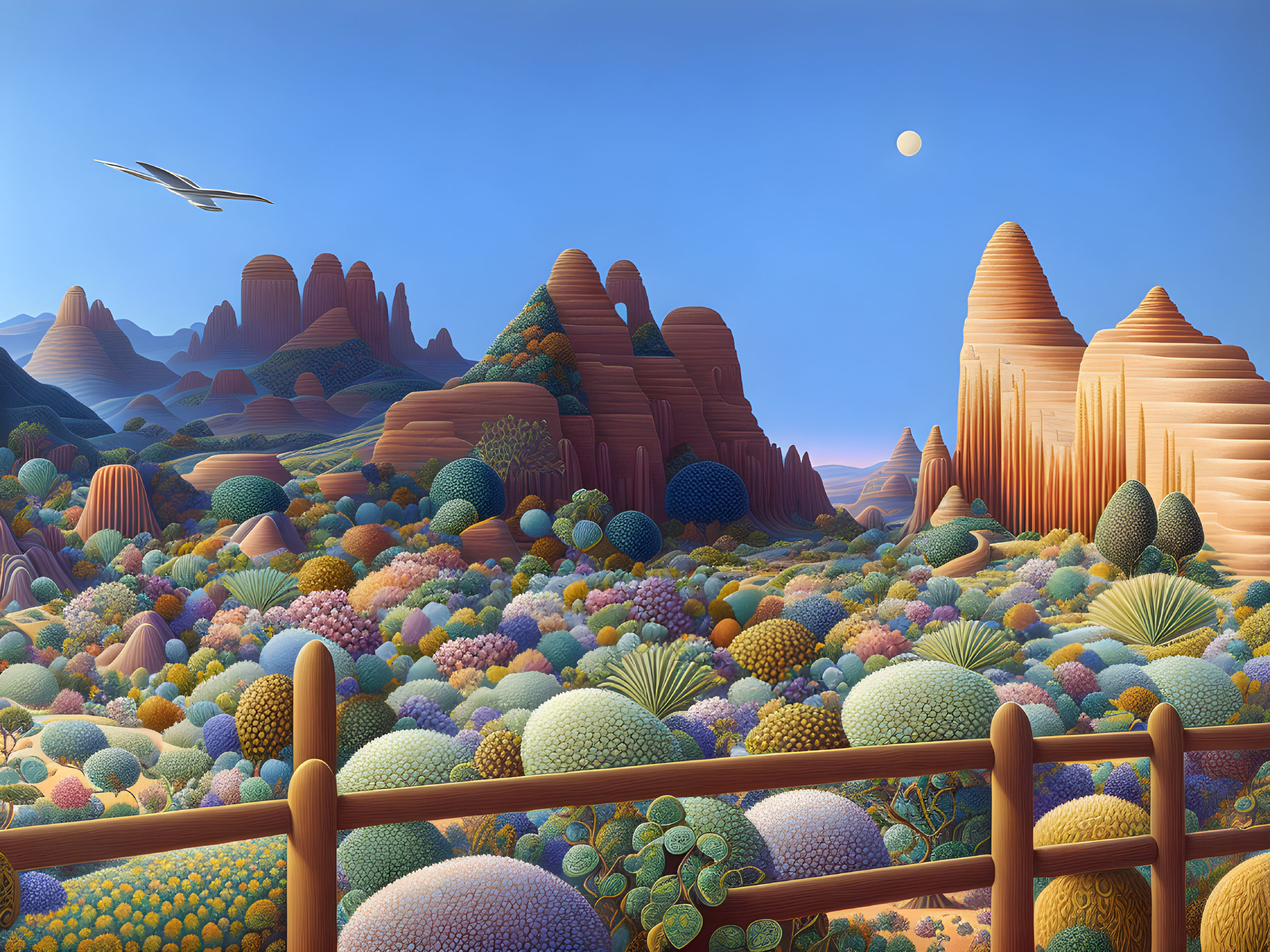 Colorful desert landscape with diverse flora, wooden fence, rock formations, bird, and moon.