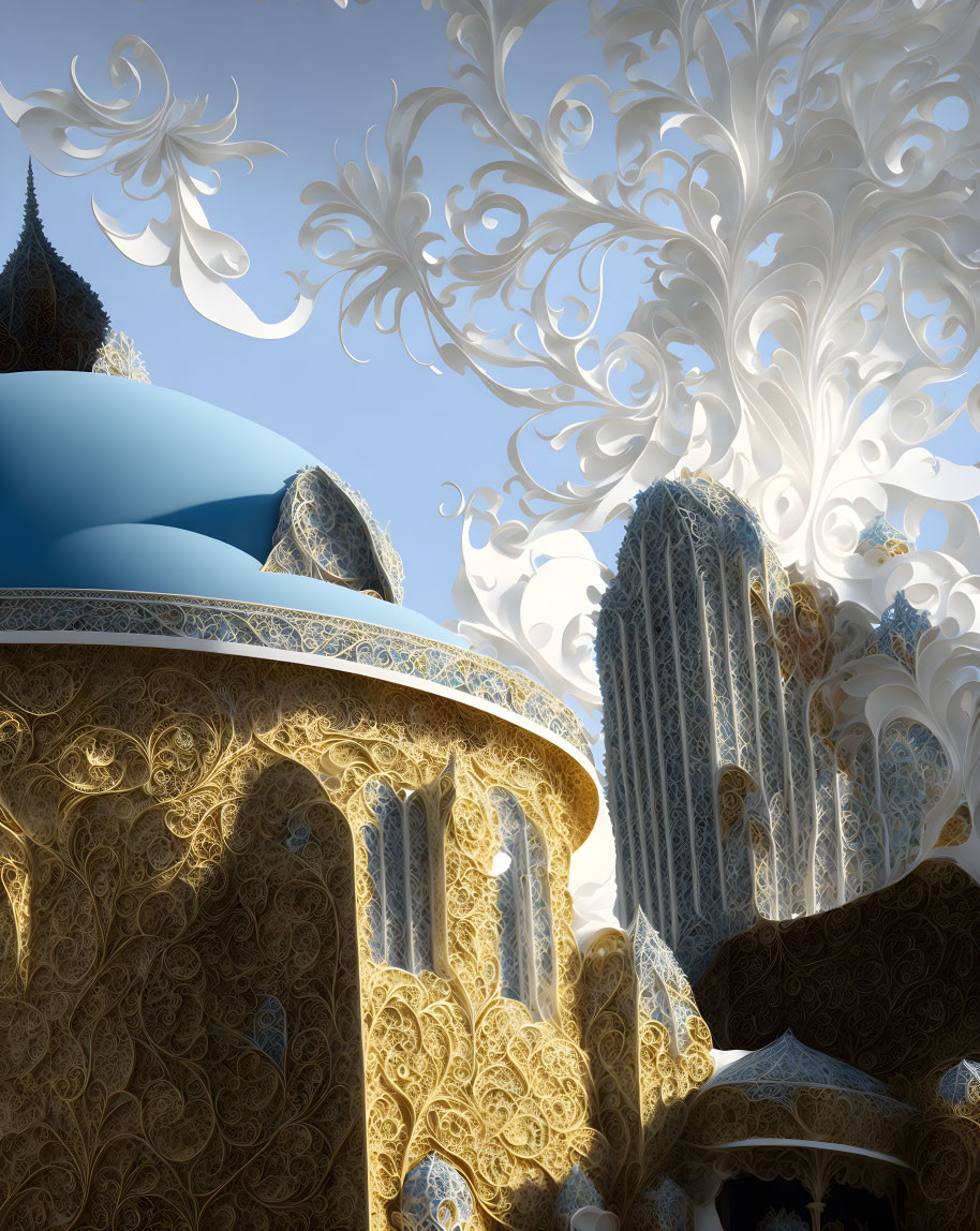 Surreal fractal landscape with golden patterns and structures