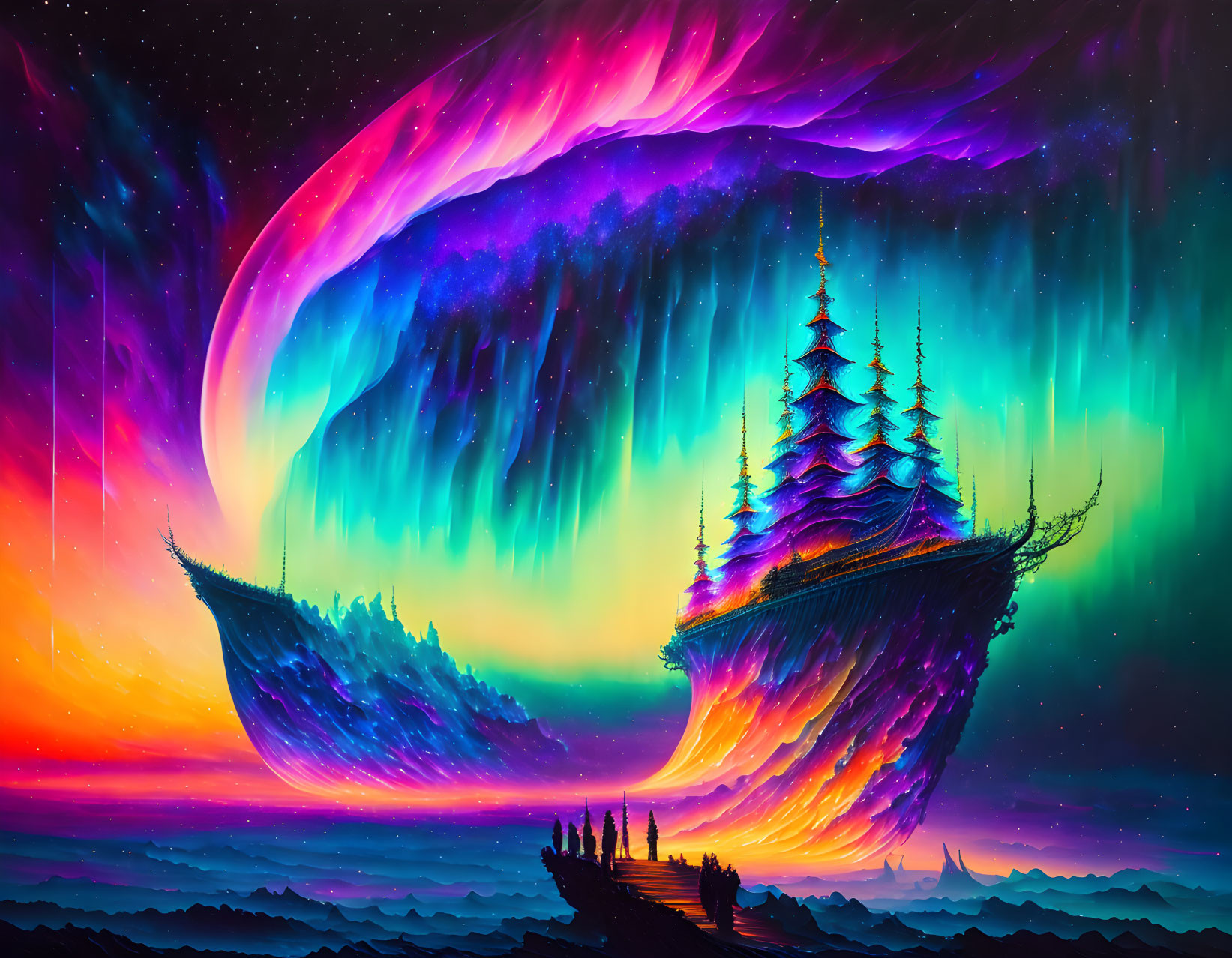 Colorful Digital Art: Floating Island with Trees and Aurora Borealis