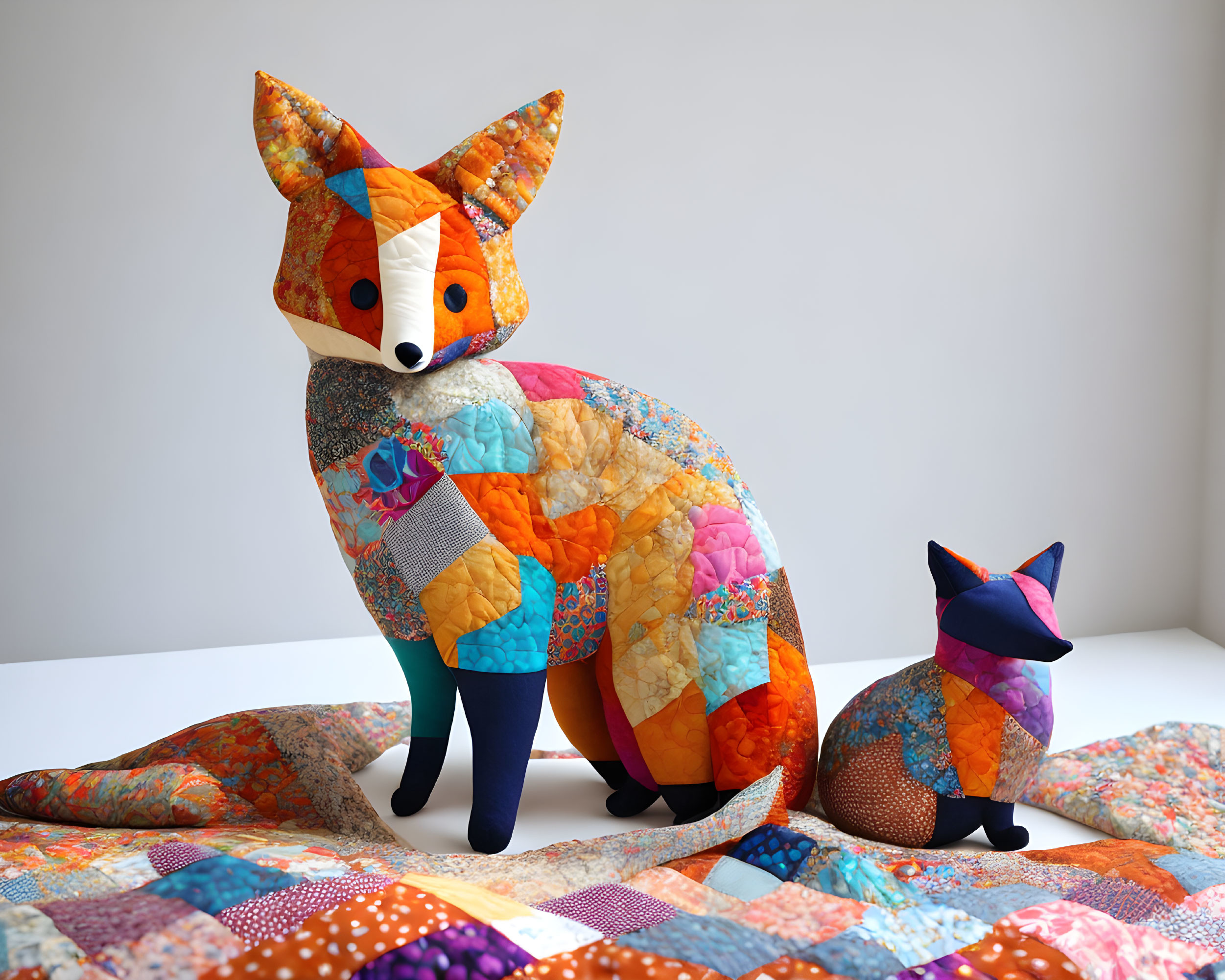 Patchwork Fabric Fox Sculptures on Matching Quilted Blanket