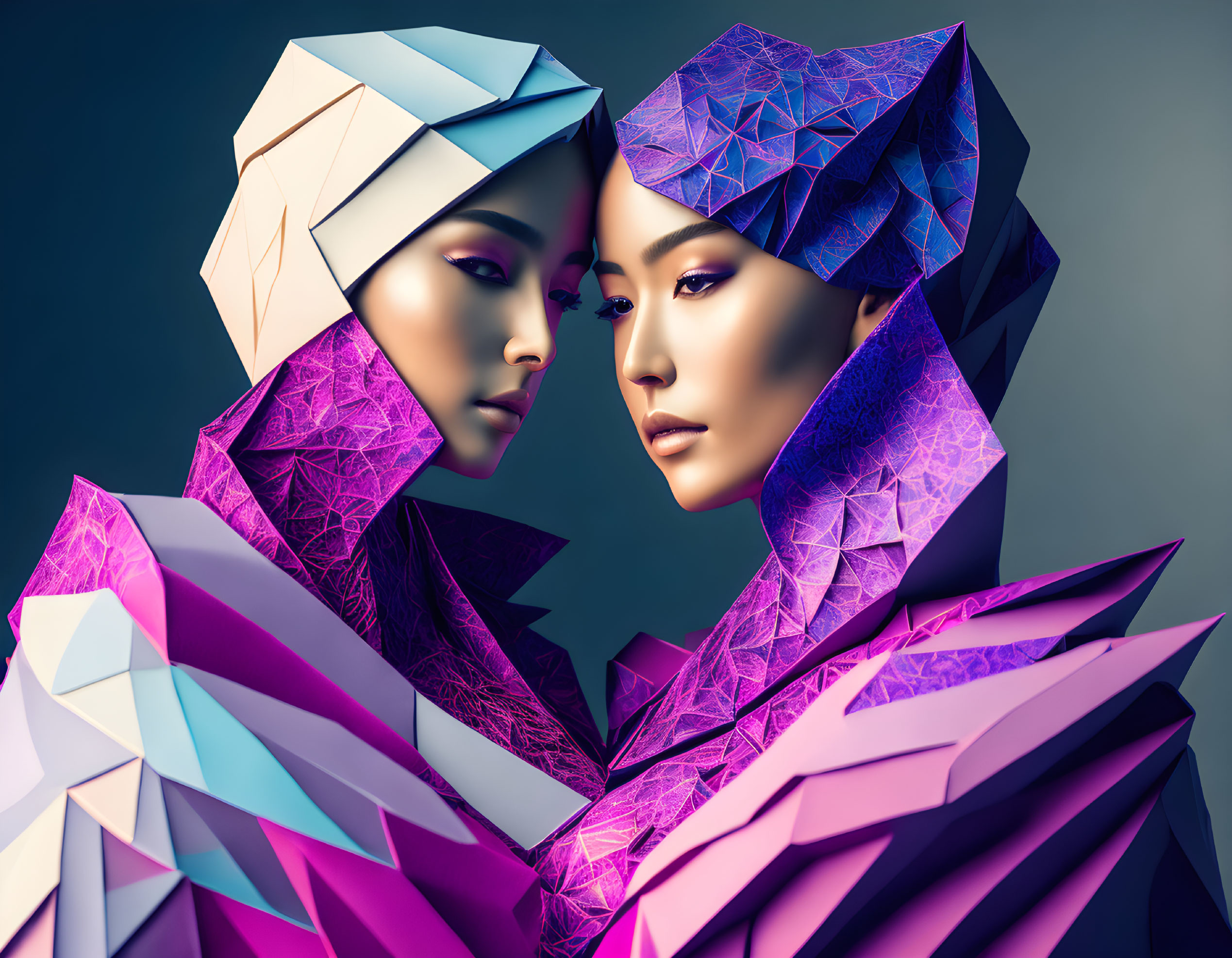 Stylized figures with geometric attire in dark setting