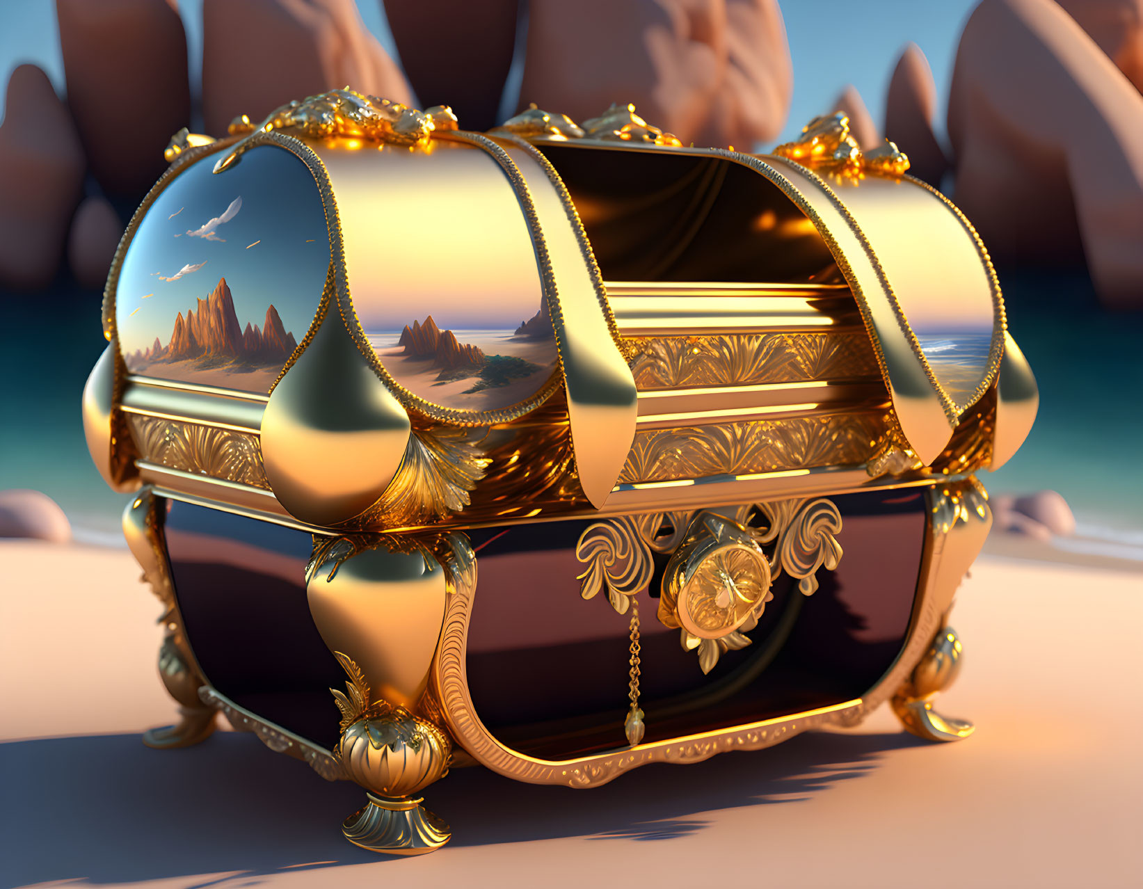 Golden treasure chest with ocean scene and rocky islands on sandy shore