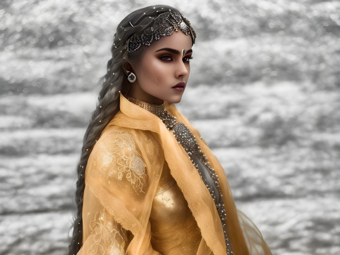 Woman with Striking Makeup and Head Jewelry in Yellow Garment