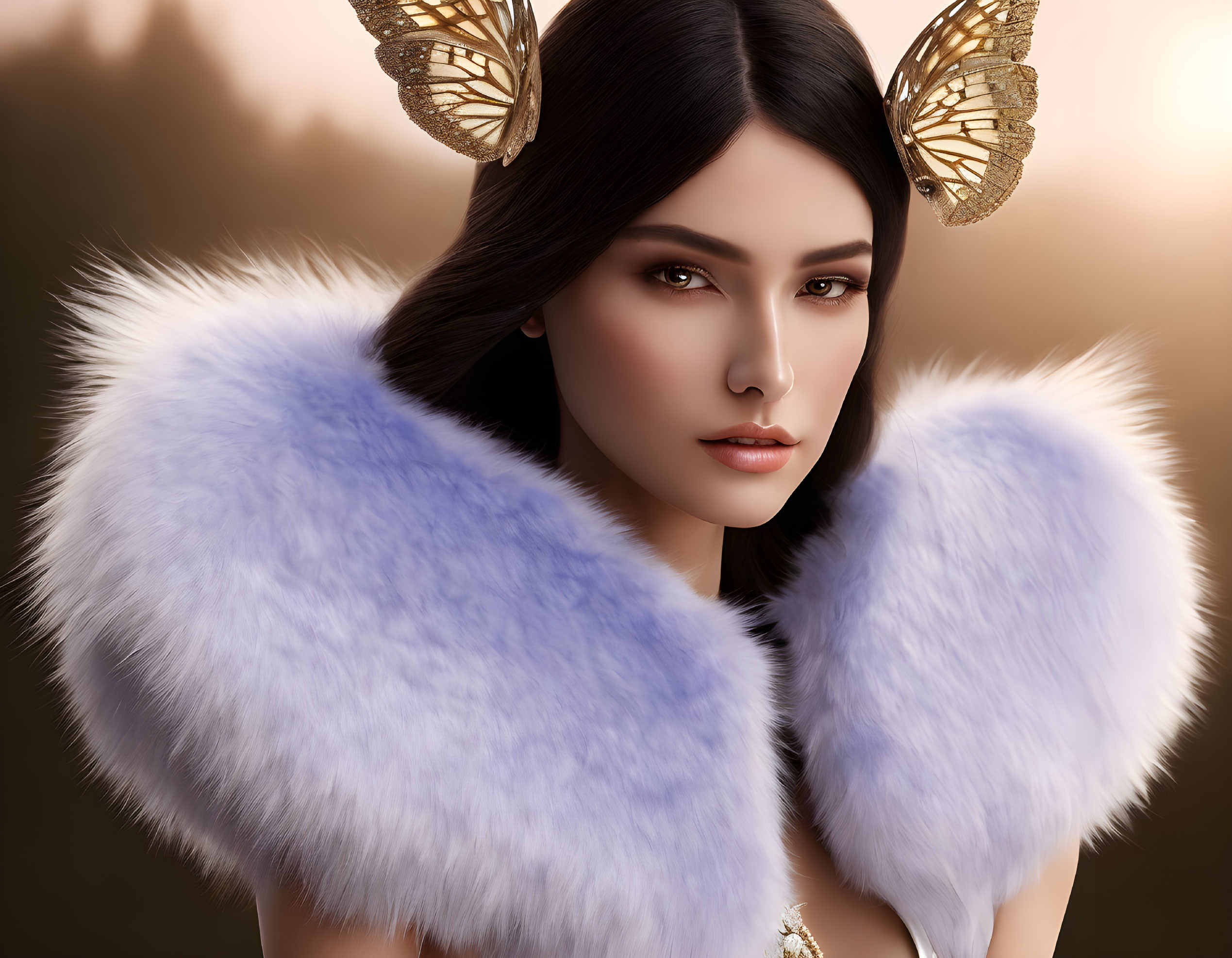 Digital artwork: Woman with butterfly hair accessories & white fur stole