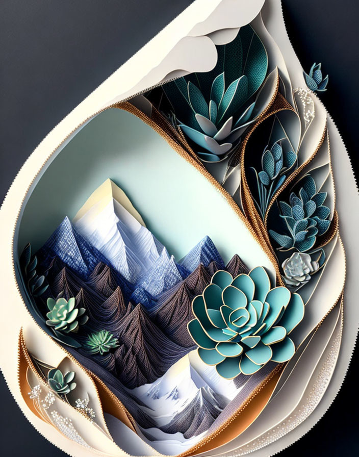 Scenic landscape paper art with mountains and foliage in circular frame