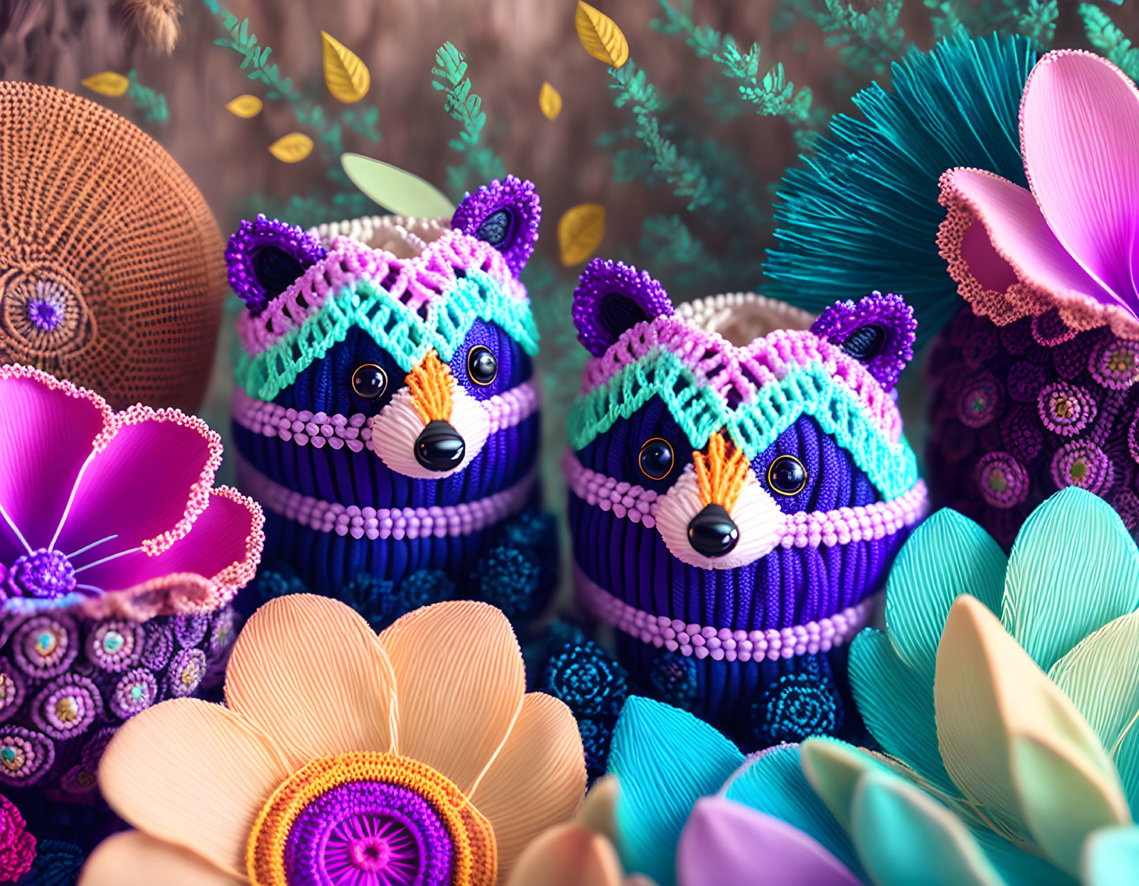 Colorful Handcrafted Raccoon Figurines with Woven and Origami Flowers