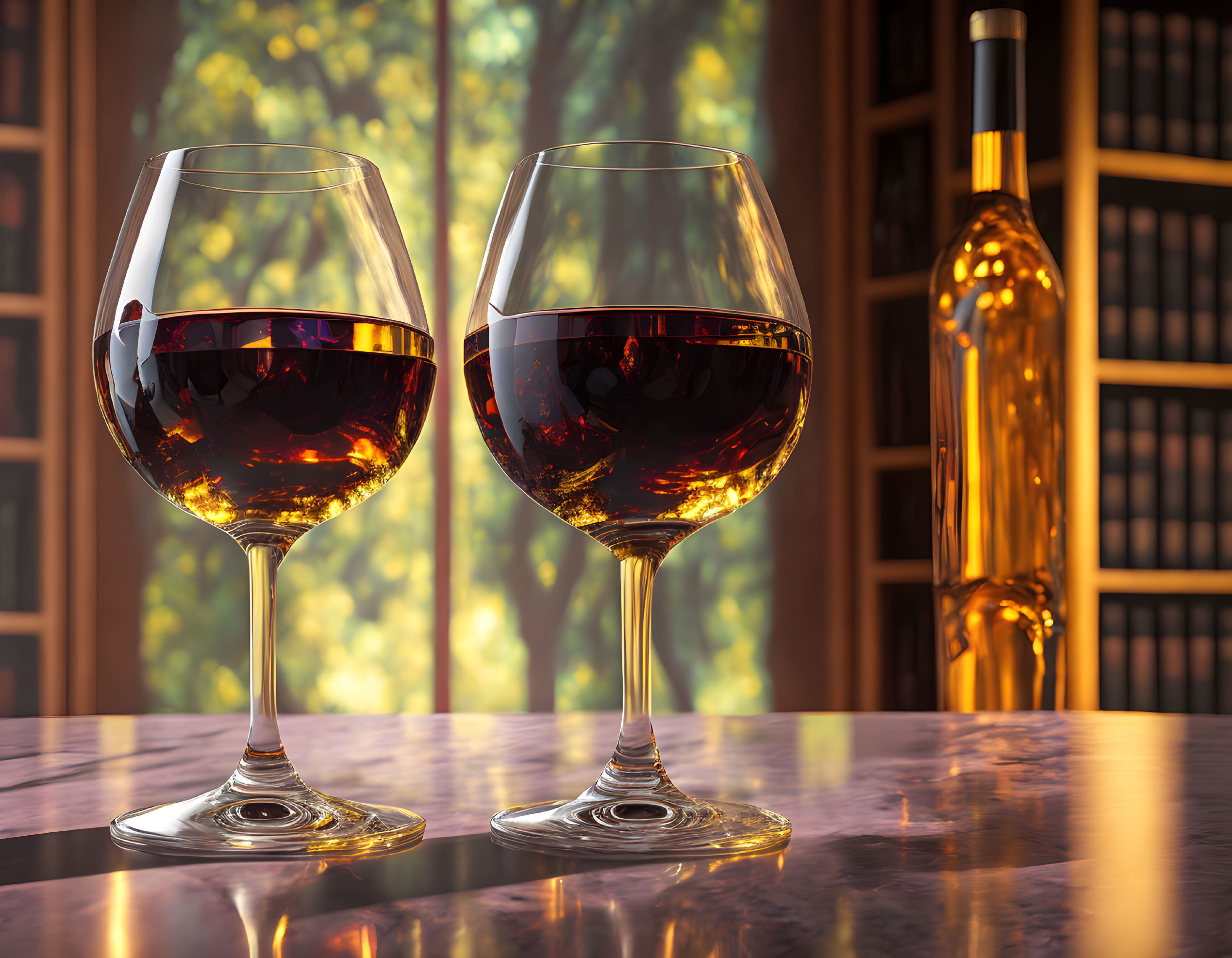 Reflective surface with two glasses of red wine, wine bottle, and books on wooden shelf