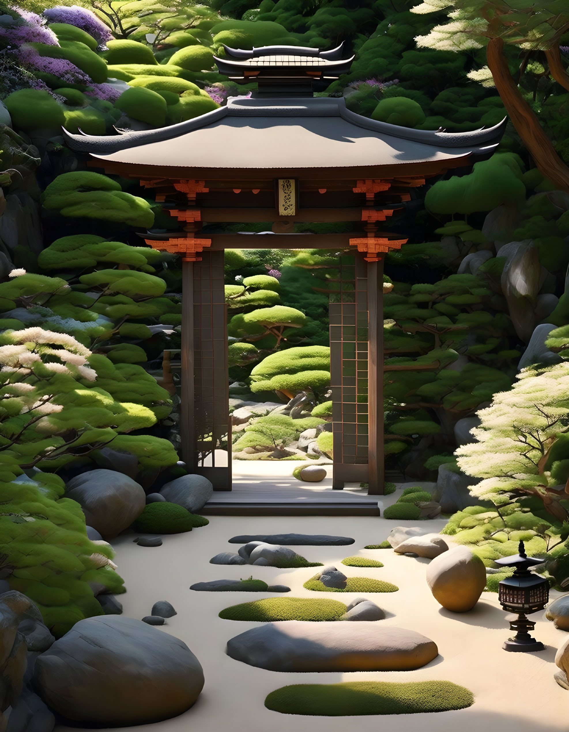 Japanese garden with torii gate, pagoda, and lush greenery