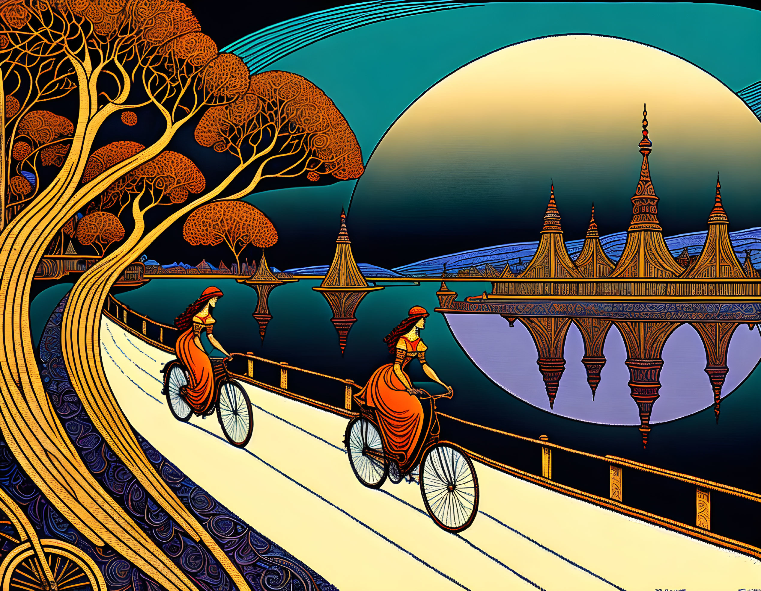 Traditional Attire Individuals Riding Bicycles on Ornate Bridge at Night