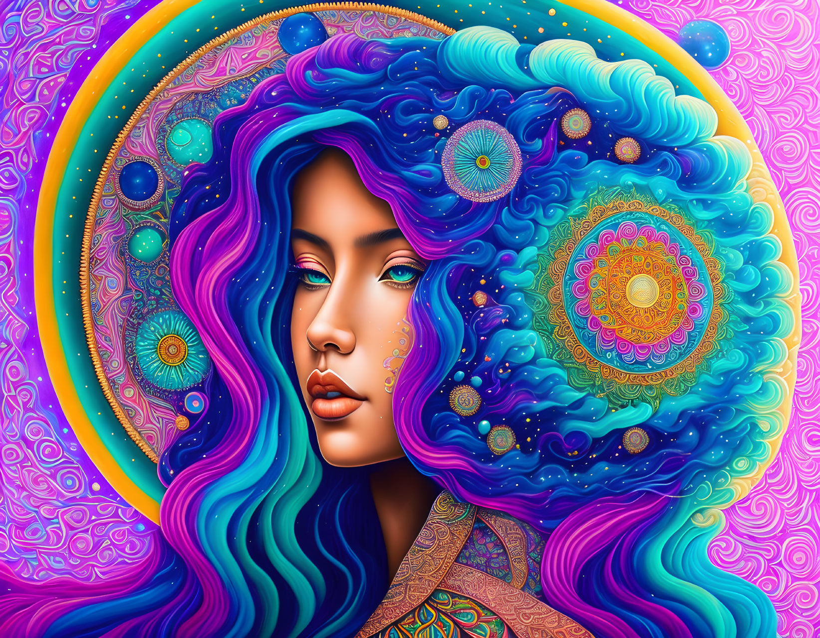 Colorful digital artwork: Stylized woman with blue wavy hair and mandala designs