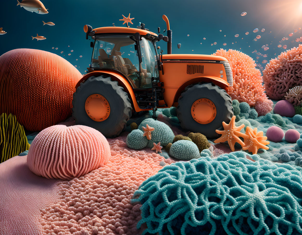 Vibrant surreal seabed with orange tractor, coral structures, fish, and gradient sky