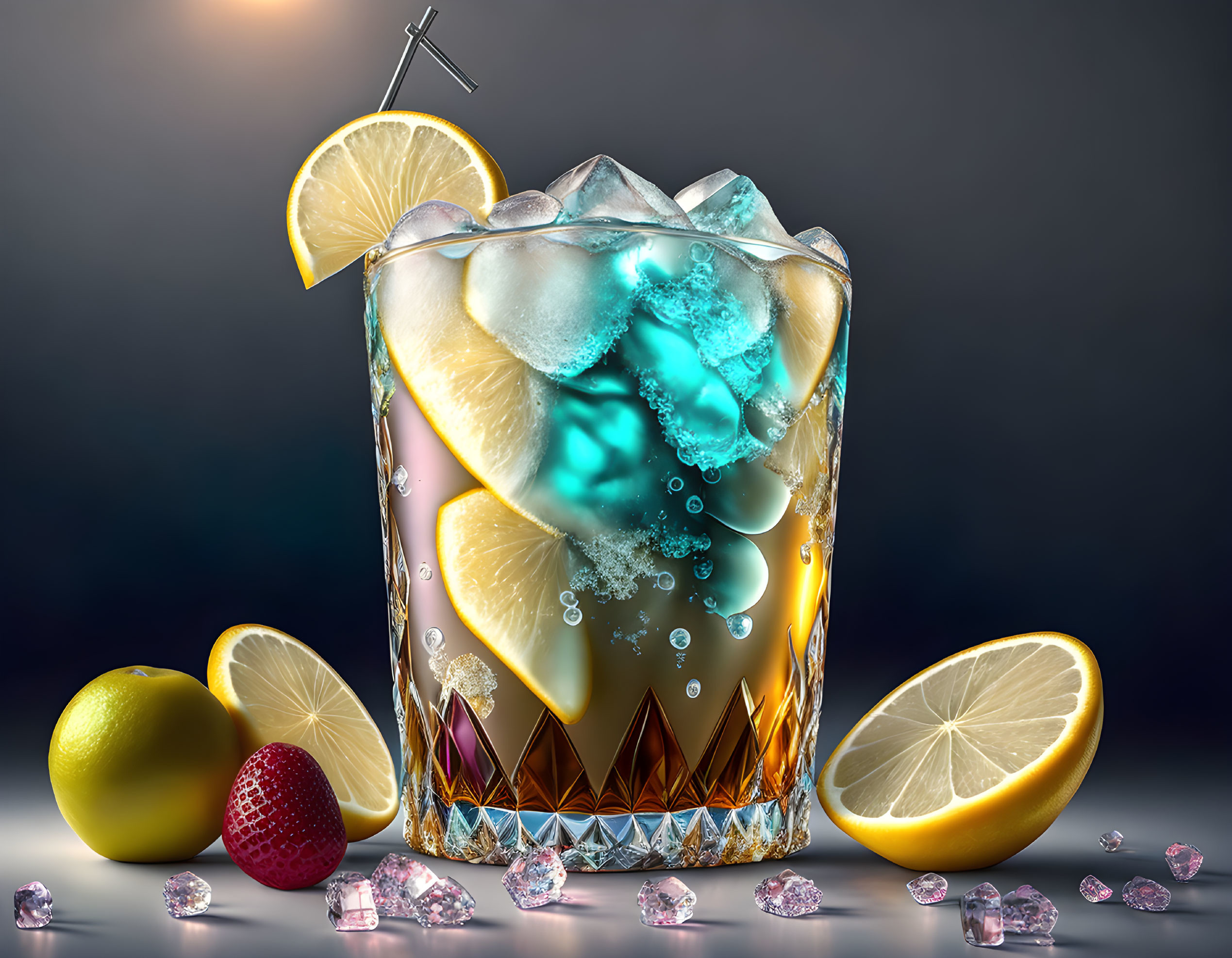 Sparkling blue drink in crystal glass with ice cubes and lemon, surrounded by lemon wedges and gem