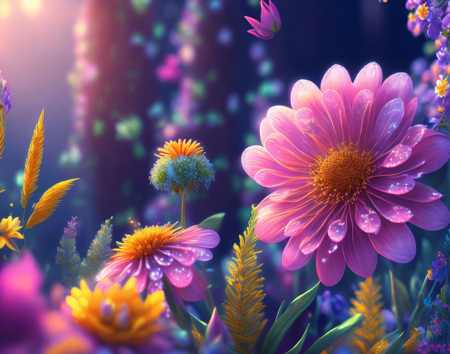 Digital art: Mystical garden with luminescent flowers and dew-kissed pink bloom