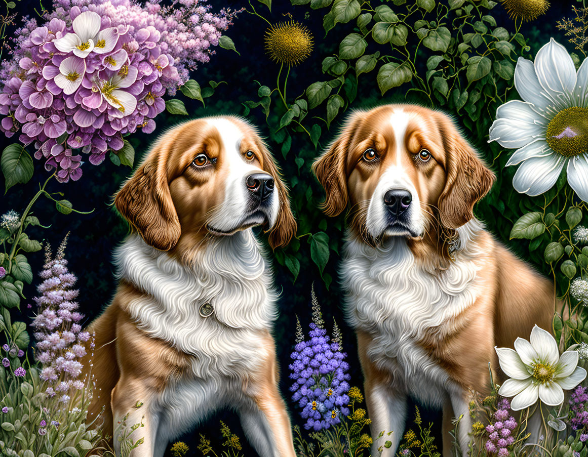 Beagle dogs with pink dahlias and white anemones in dark foliage