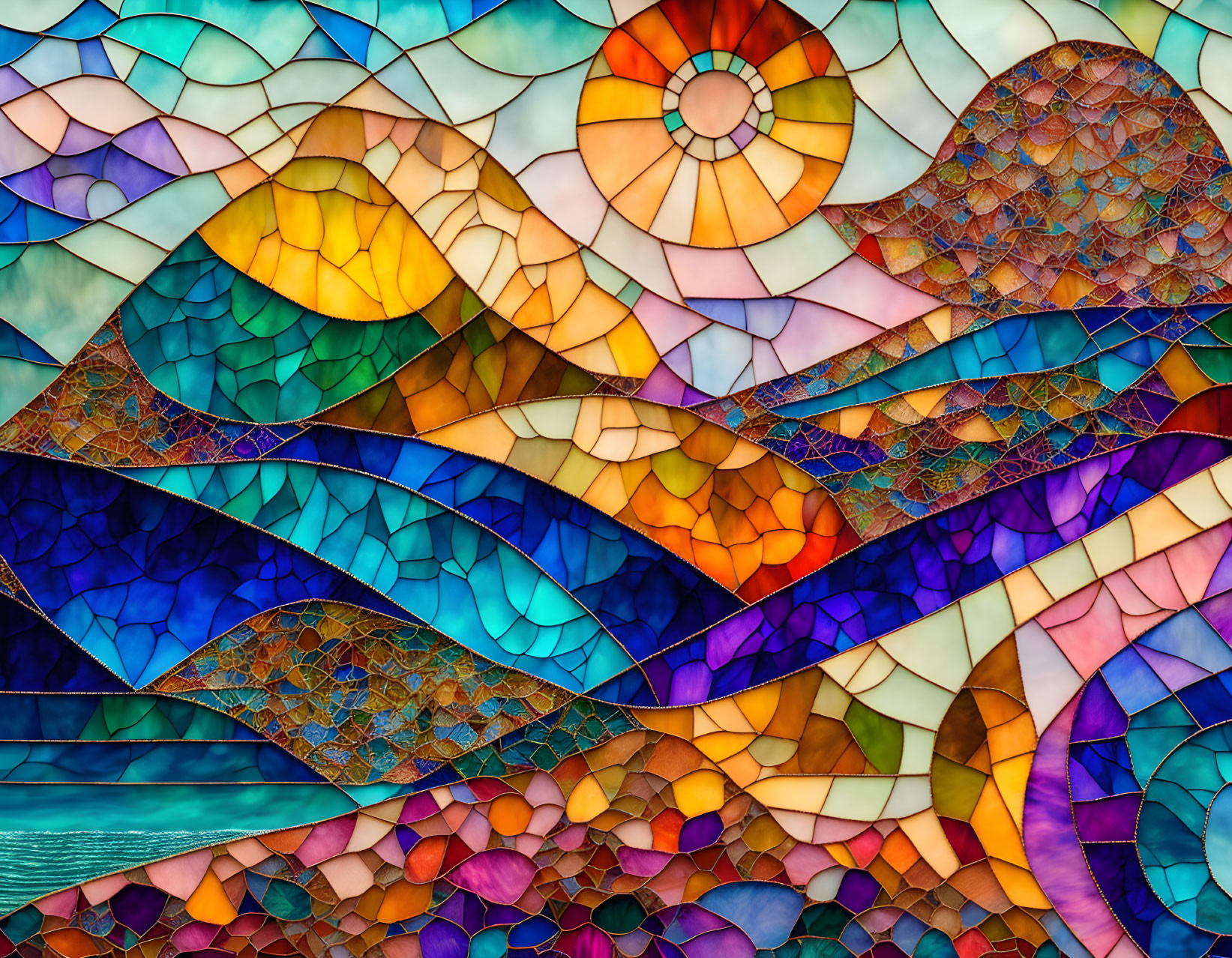 Vibrant Sun Design Mosaic Artwork with Wavy Patterns