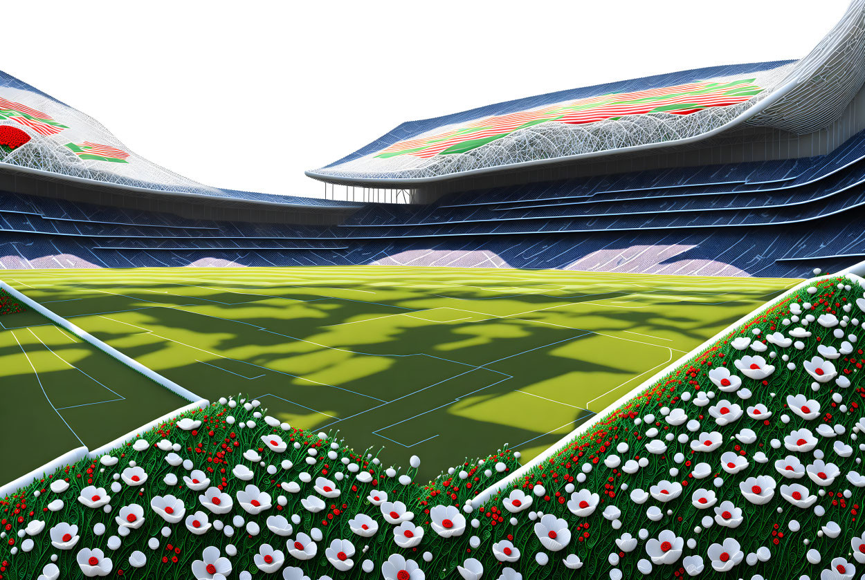 Colorful seating and green pitch in modern stadium with flowers and clear sky