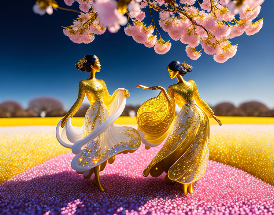 Golden-clad figures dance in fantastical landscape with cherry blossoms and colorful flowers under blue sky