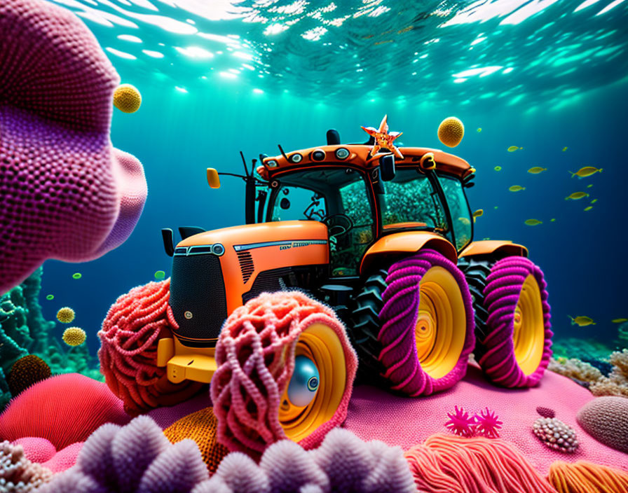 Colorful underwater scene with tractor, coral, fish, and starfish - whimsical aquatic farm theme