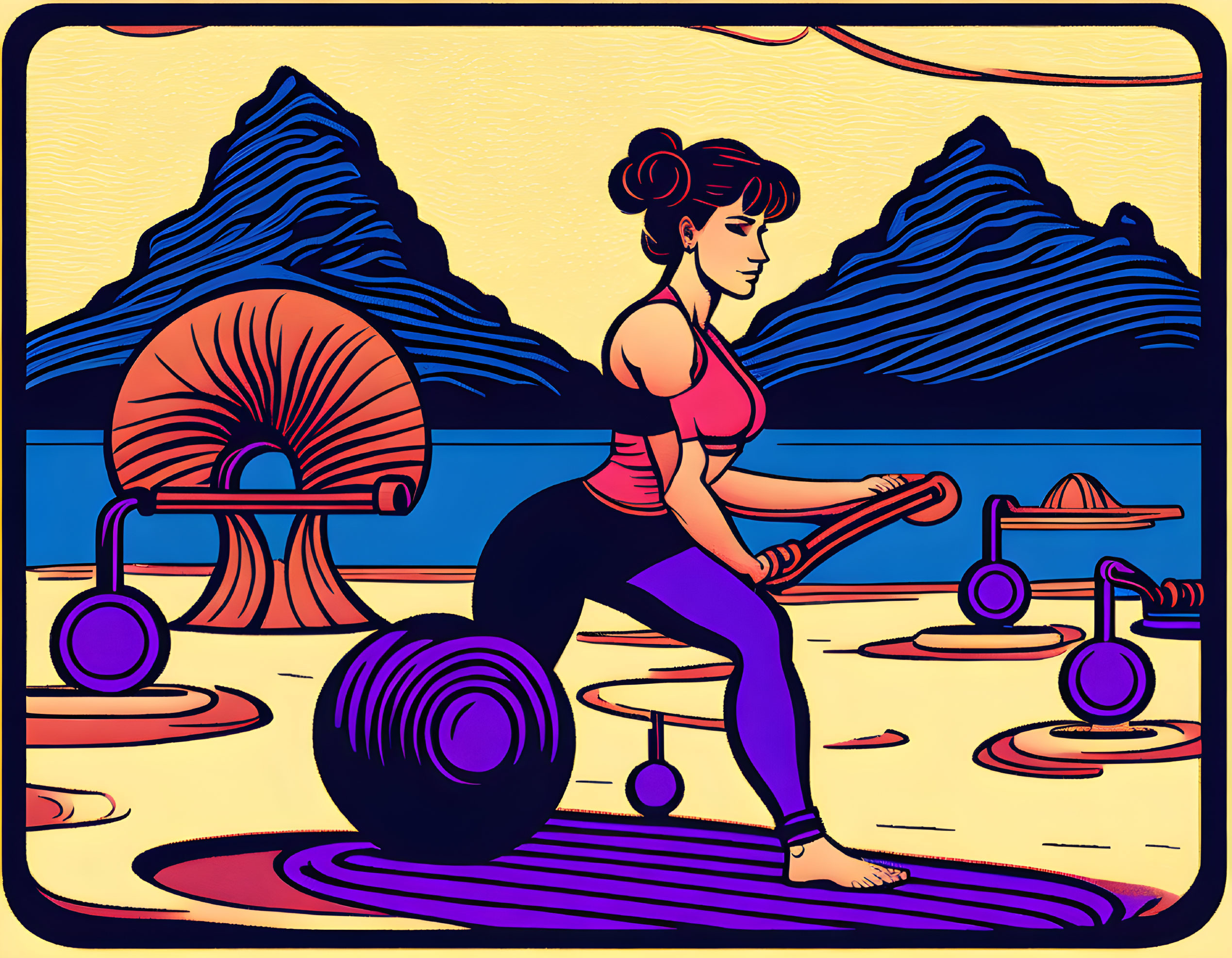 Woman with bun hairstyle exercising on beach with mountains, shell, and weights