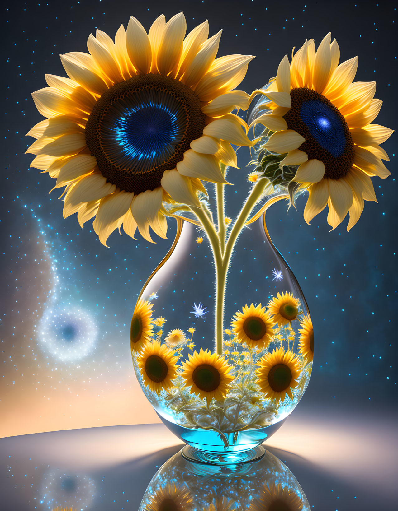 Digital sunflowers in transparent vase under starry night sky