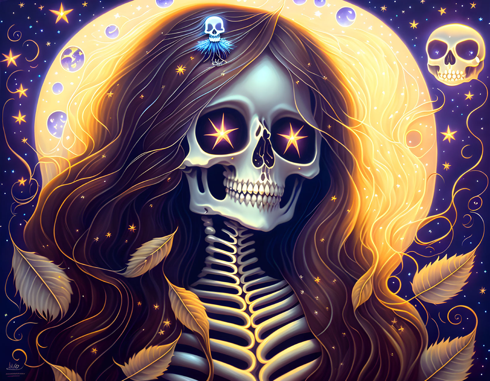 Colorful Skeleton Artwork with Galactic Elements on Blue Background