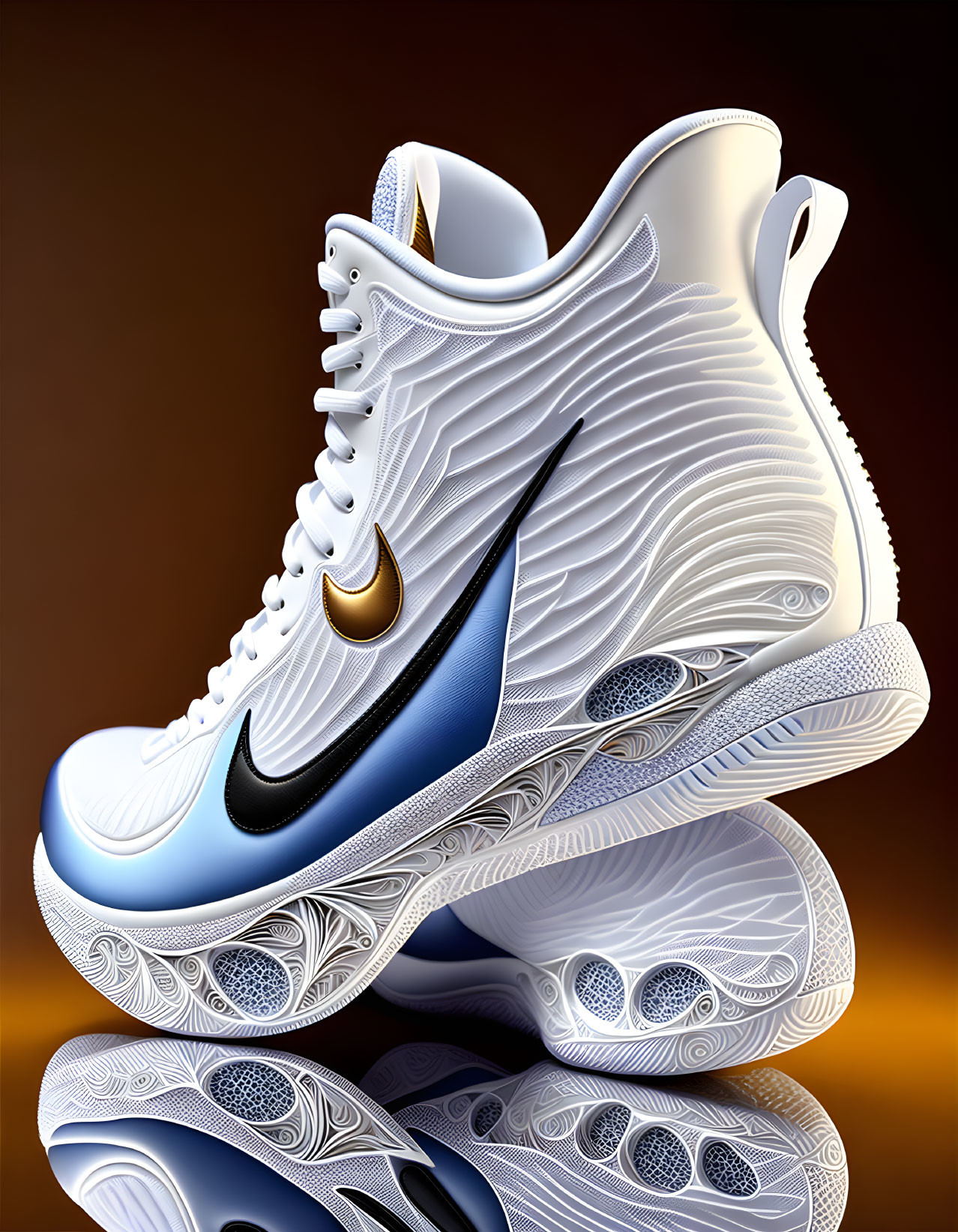 Stylized decorative sneaker with blue-white gradient and golden swoosh on warm amber background