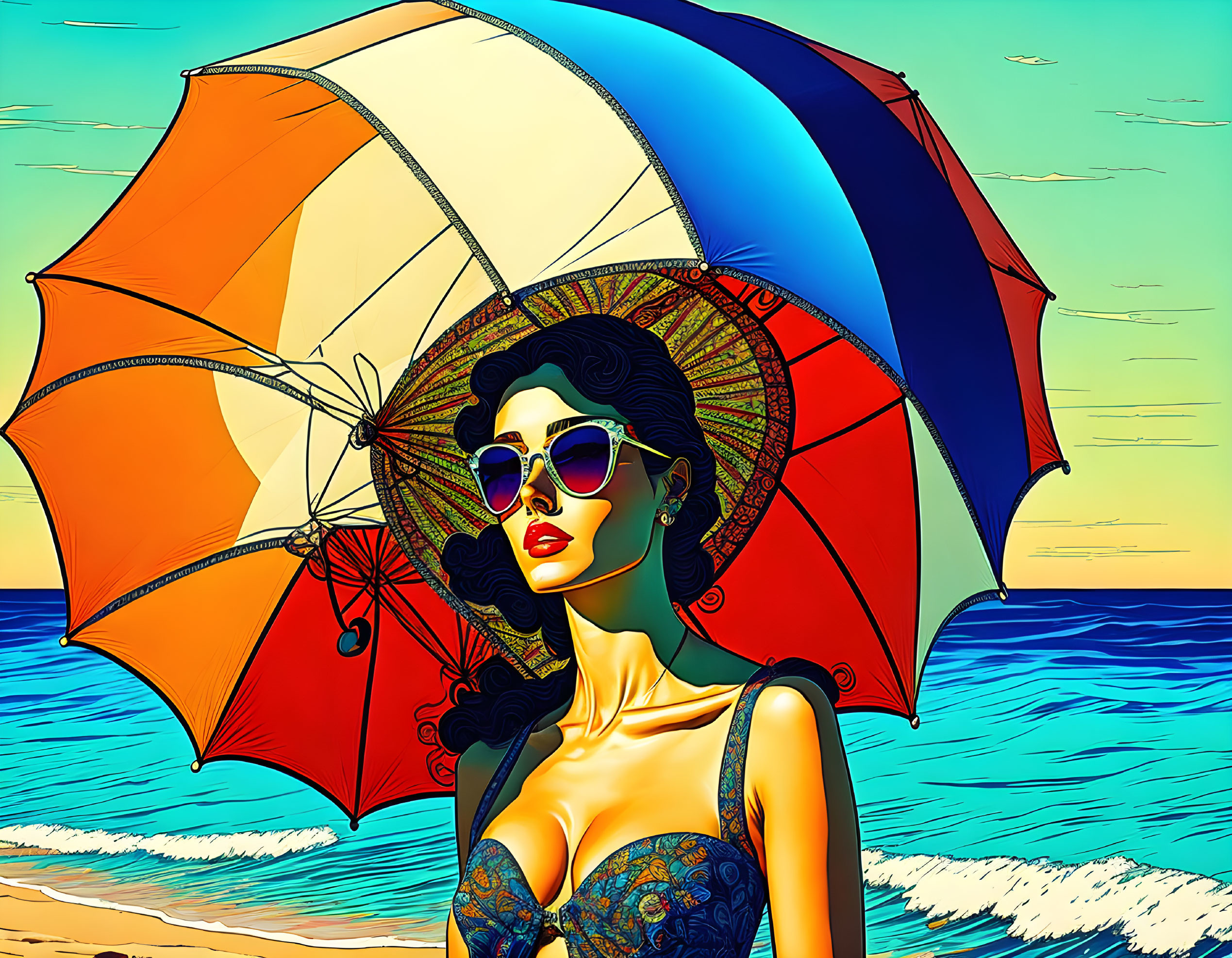 Illustration of woman with sunglasses & umbrella on beach at sunset