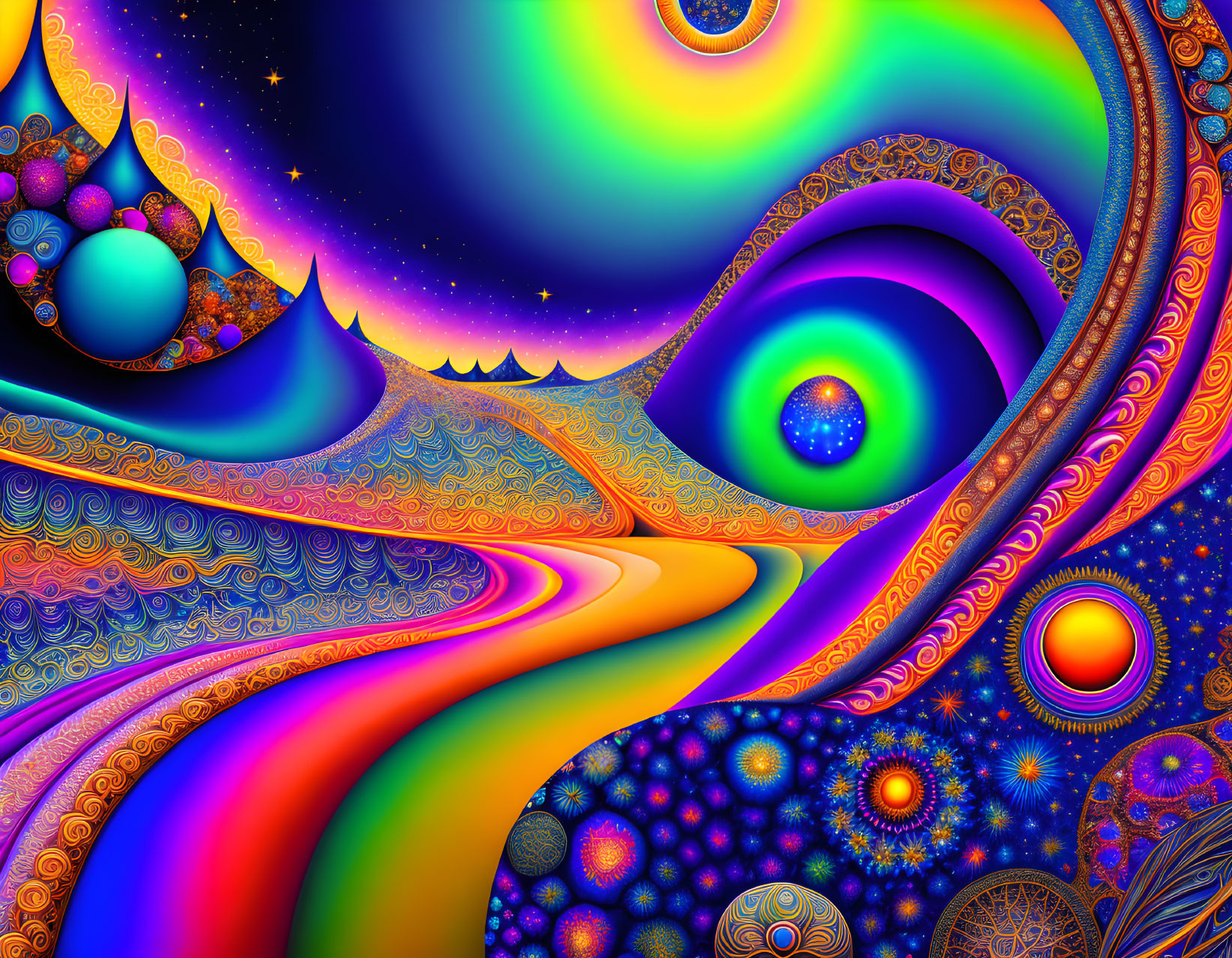 Colorful Fractal Art with Swirling Patterns and Celestial Elements