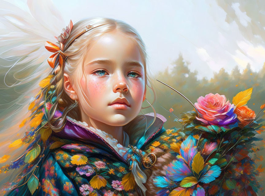 Digital painting: Young girl with braided hair, feather, floral cloak, rose, and butterfly.