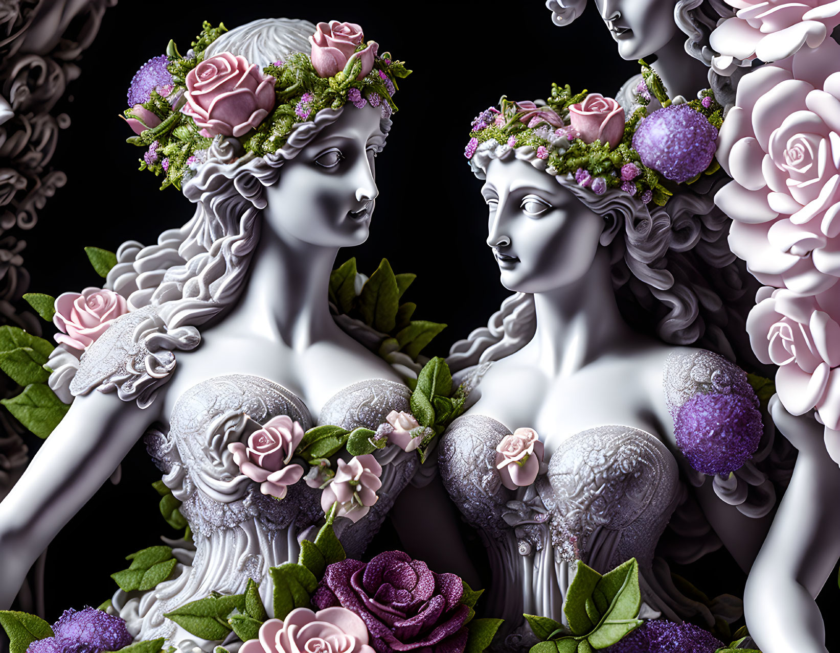 Classical statues of women with floral crowns and dresses on dark background