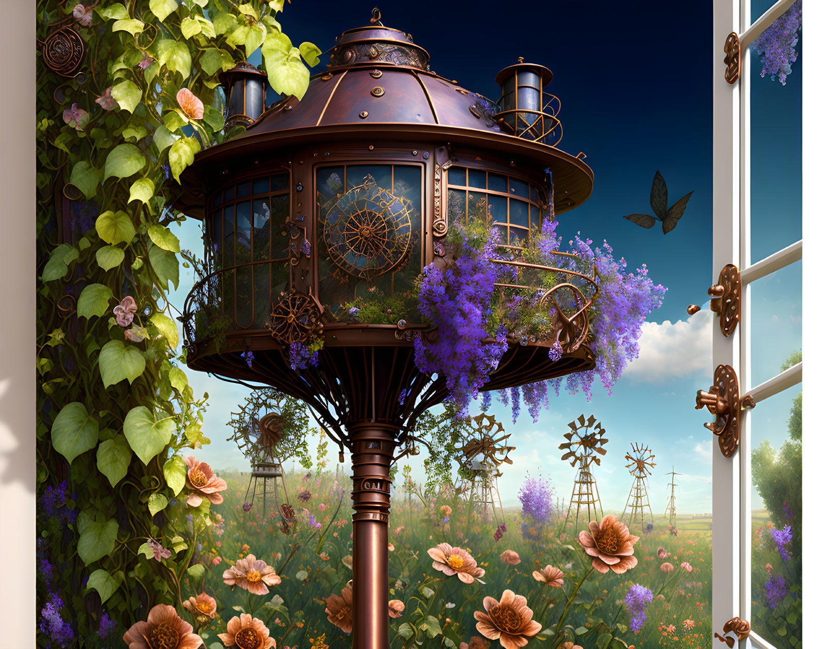 Steampunk-themed lamp-post surrounded by vibrant flowers and greenery viewed from window.