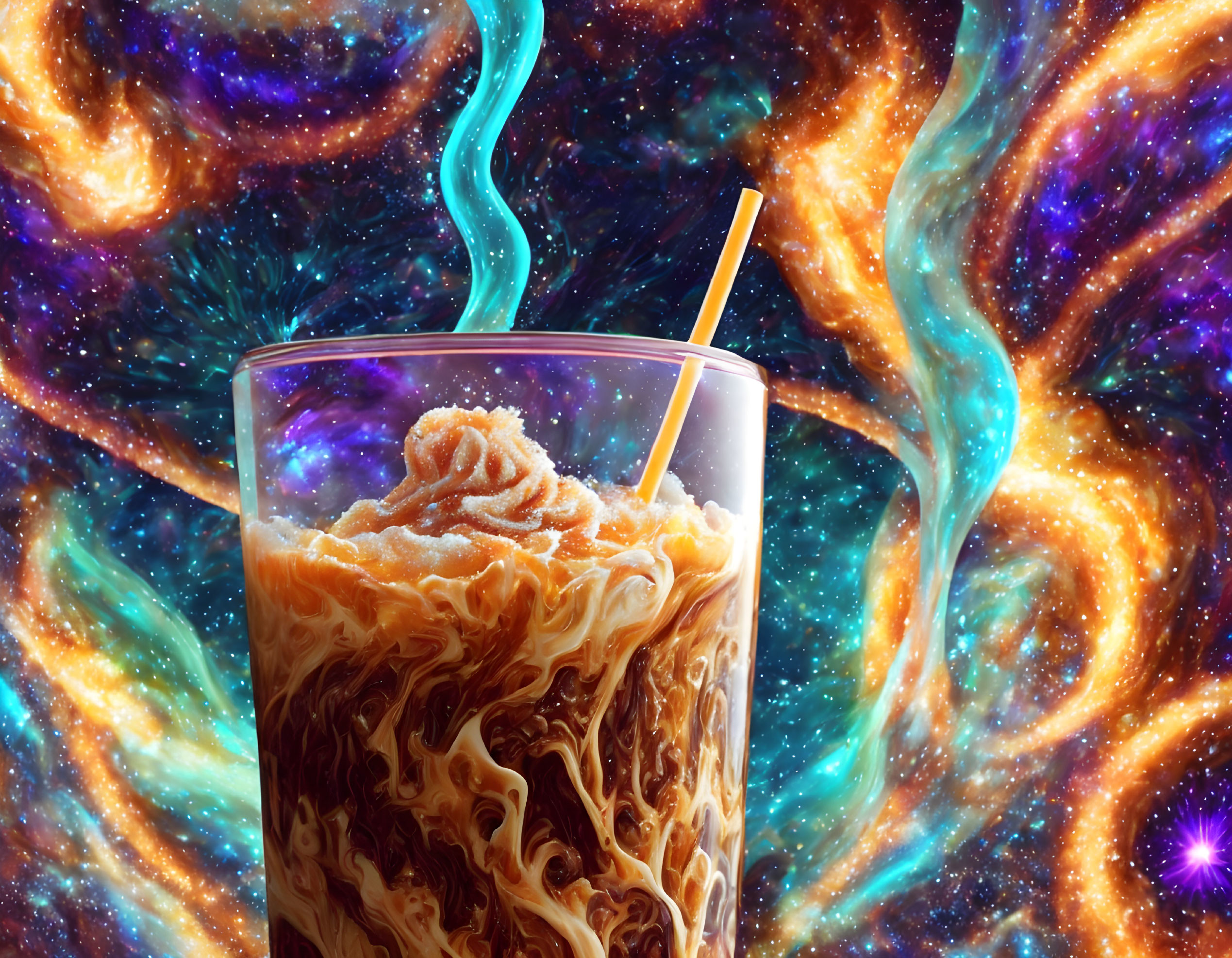 Iced coffee with swirling cream on cosmic background